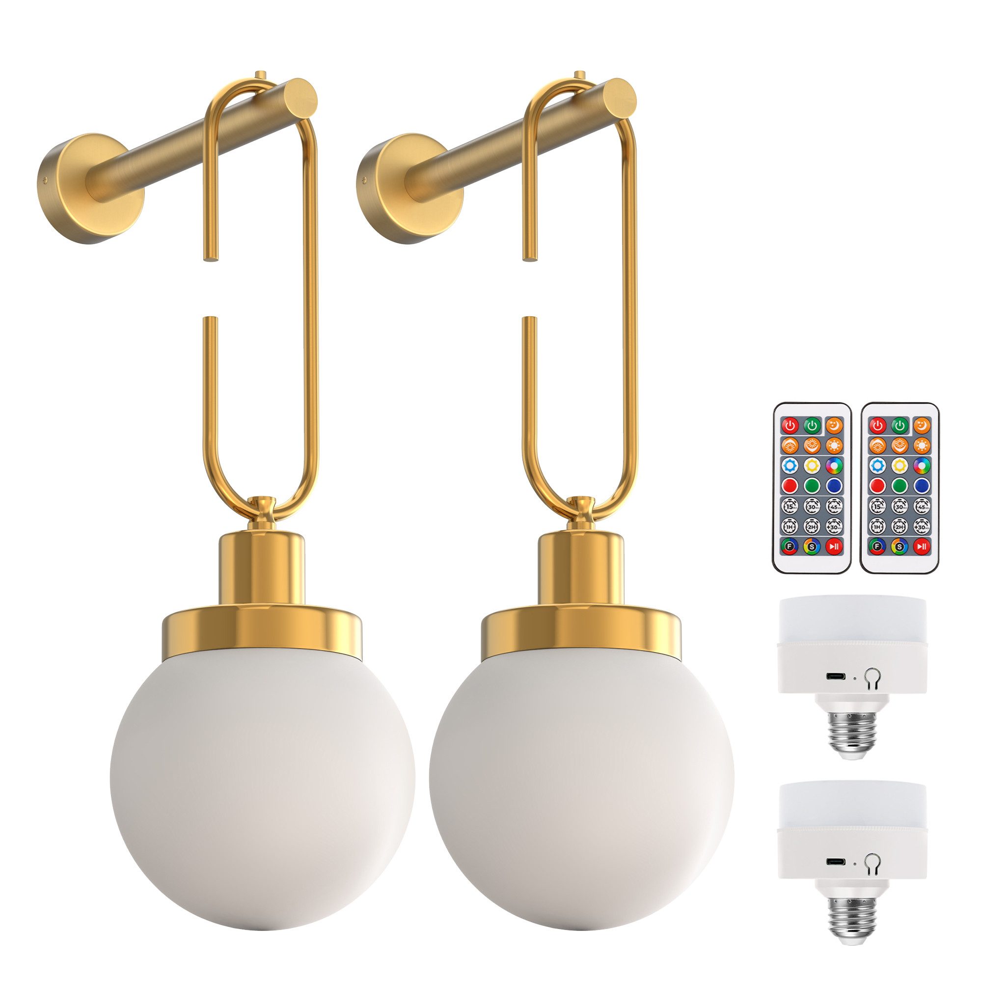 LOHAS-LED Wandleuchte 2er‑Set kabellose Wandlampen mit RGBCW‑Aufladbarer E26‑Glühbirne, LED wechselbar, RGBCW, Stufenlose Dimmung, Fernbedienung & Nachtlichtfunktion