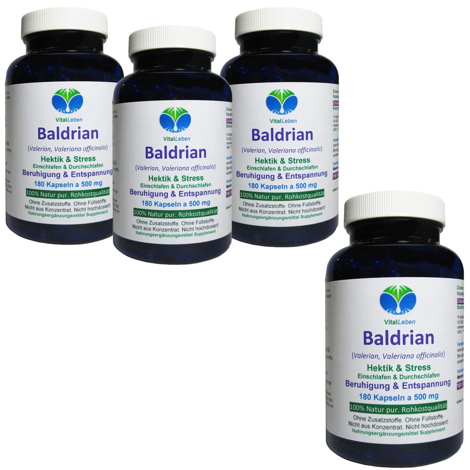 VitalLeben Baldrian PFLANZLICHES Beruhigungsmittel Einschlafen & Durchschlafen Kapsel, 4 er Dose à 180 St., 360 g, Art. 26670-720