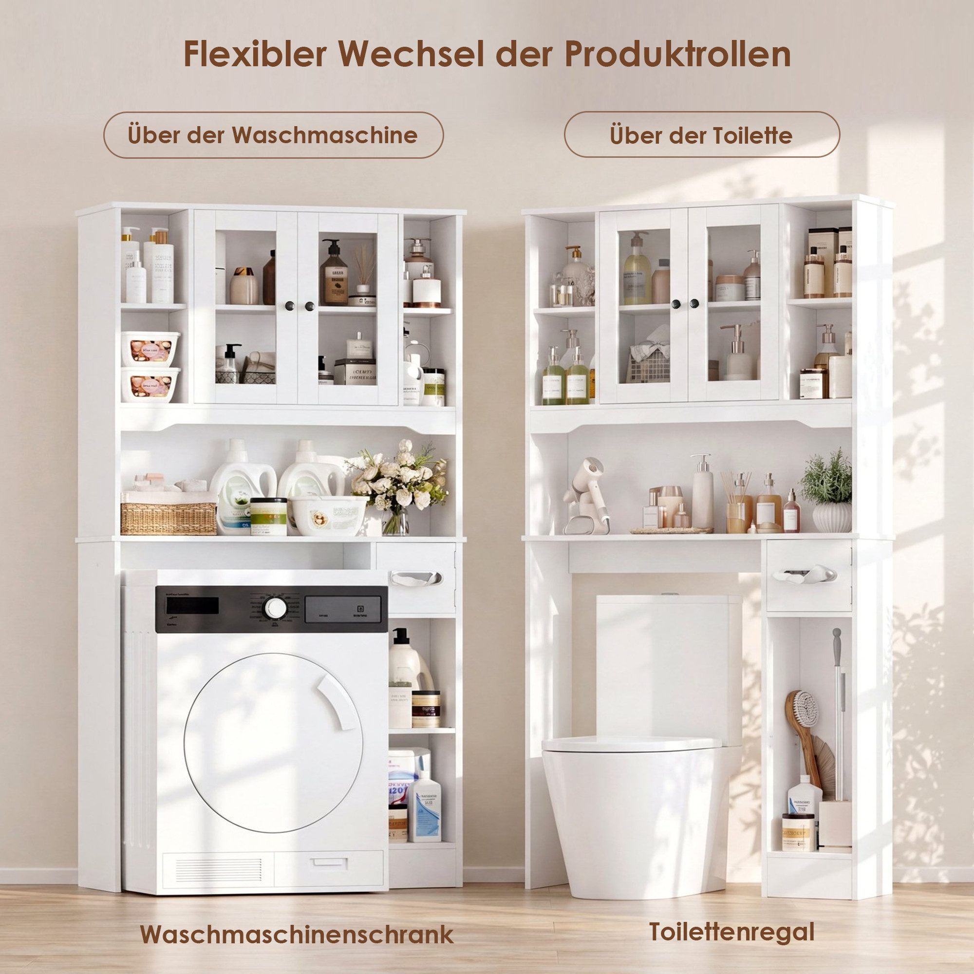 Homfa Badregal Toilettenregal waschmaschinenschrank, mit Glastüren, offenen Fächern und Toilettenpapierhalter, Weiß