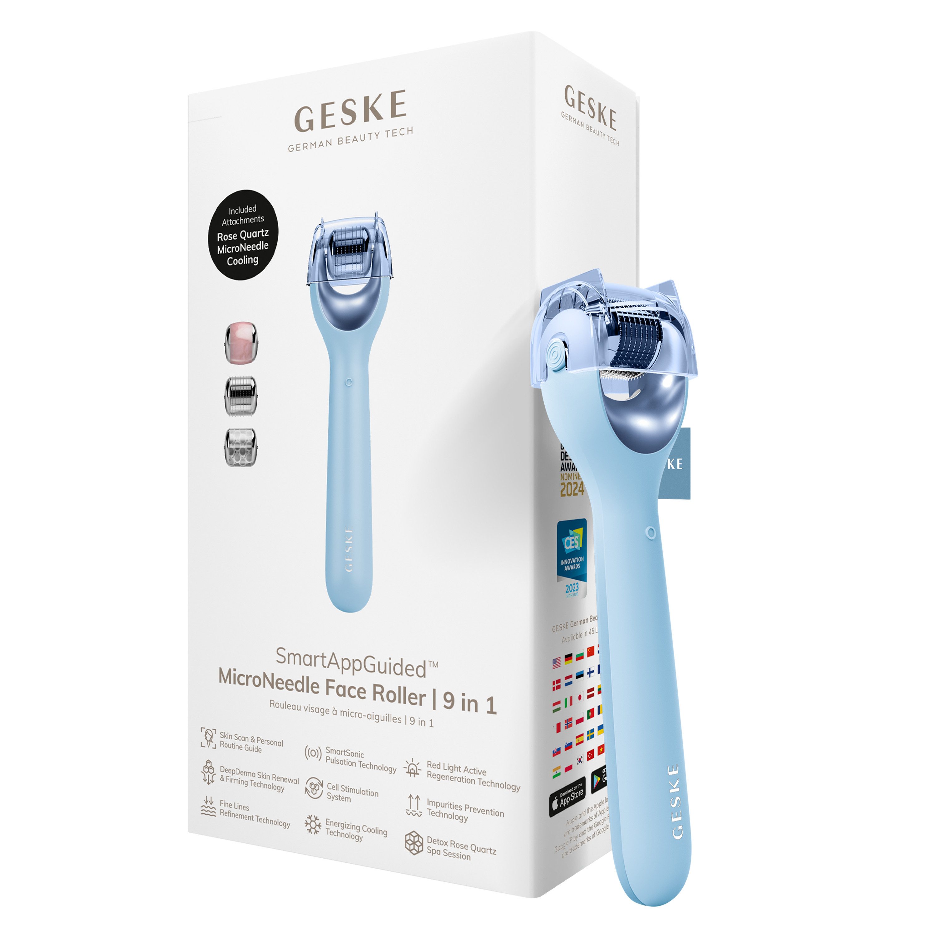 GESKE German Beauty Tech Micro-Needling SmartAppGuided™ MicroNeedle Face Roller 9 in 1, Packung (Gerät & USB-Ladekabel), 2-tlg., Gerät inkl. kostenloser APP (SmartAppGuided Device), Mit der GESKE App erhältst Du deine personalisierte Hautpflegeroutine.