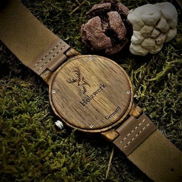 Holzwerk Quarzuhr NAILA Damen & Herren Leder & Holz Armband Uhr, braun, türkis blau