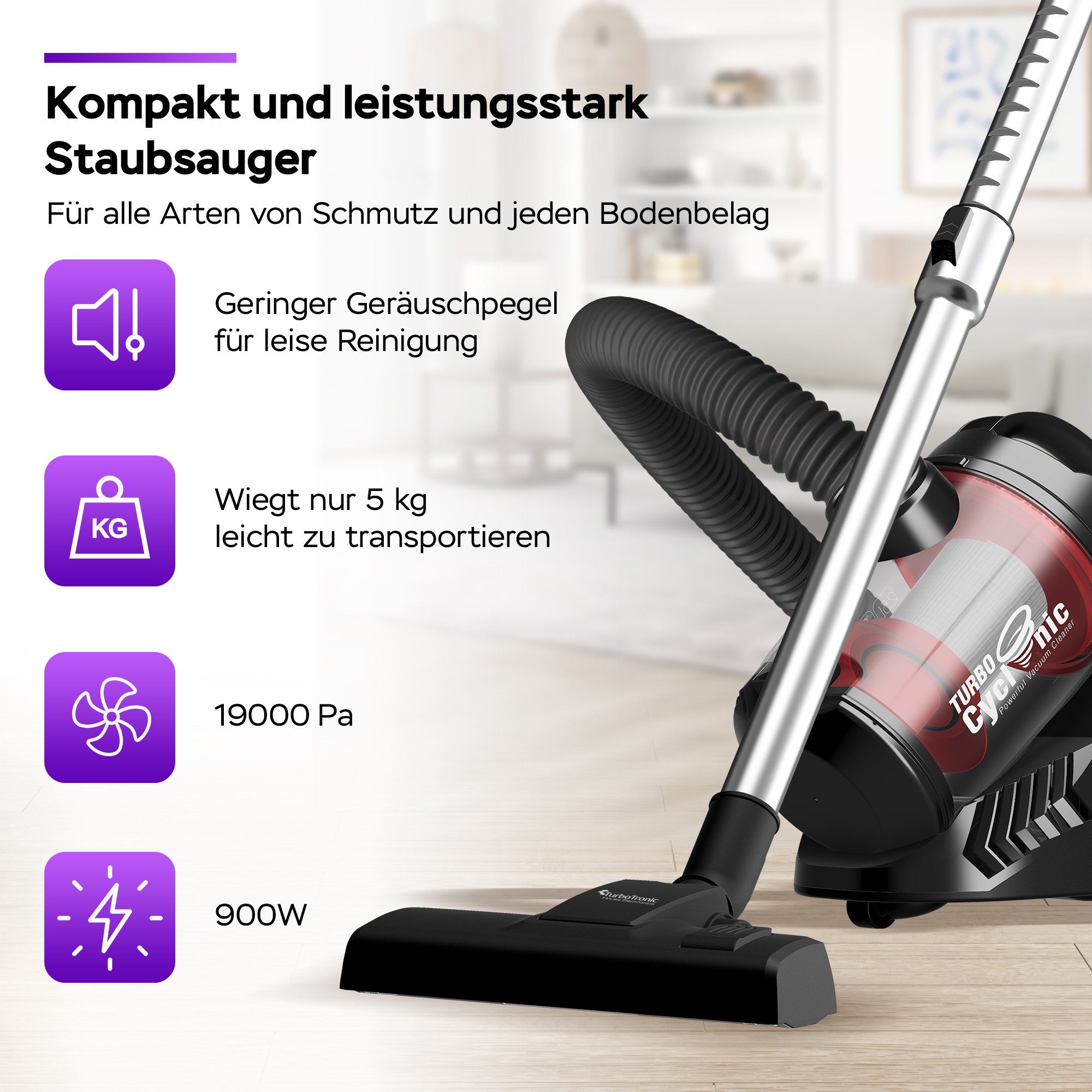 TurboTronic by Z-Line Stielstaubsauger mit brachialer Saugleistung 19kPa Zyklon Zyklon, 700 W, beutellos, Beutellos Tierhaare Parkettdüse Teppich Laminat Haushalt