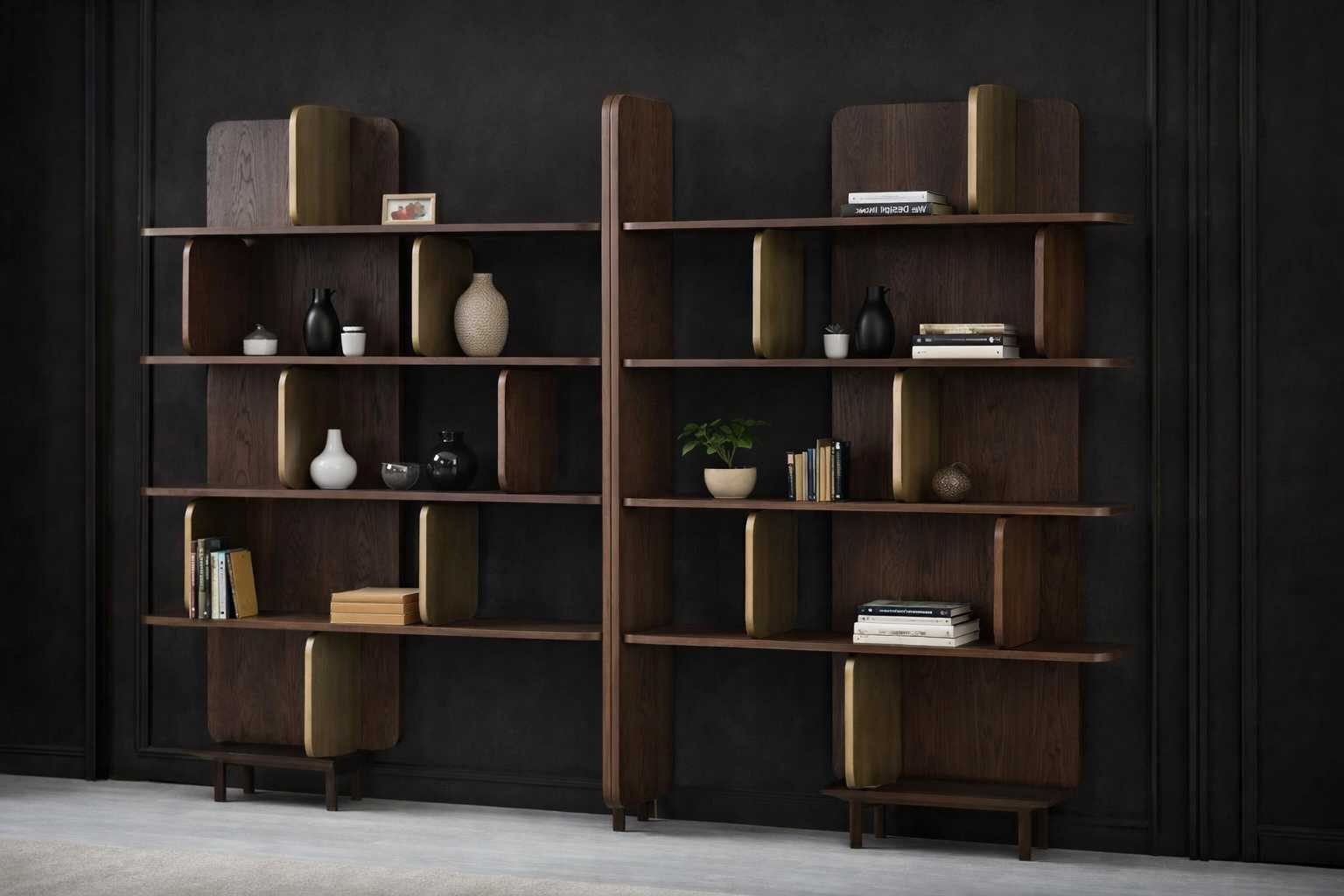 Xlmoebel Bücherwand Elegantes Bücherregal aus Holz in Braun mit goldenen Akzenten, freistehend 1-tlg., Made in Europa