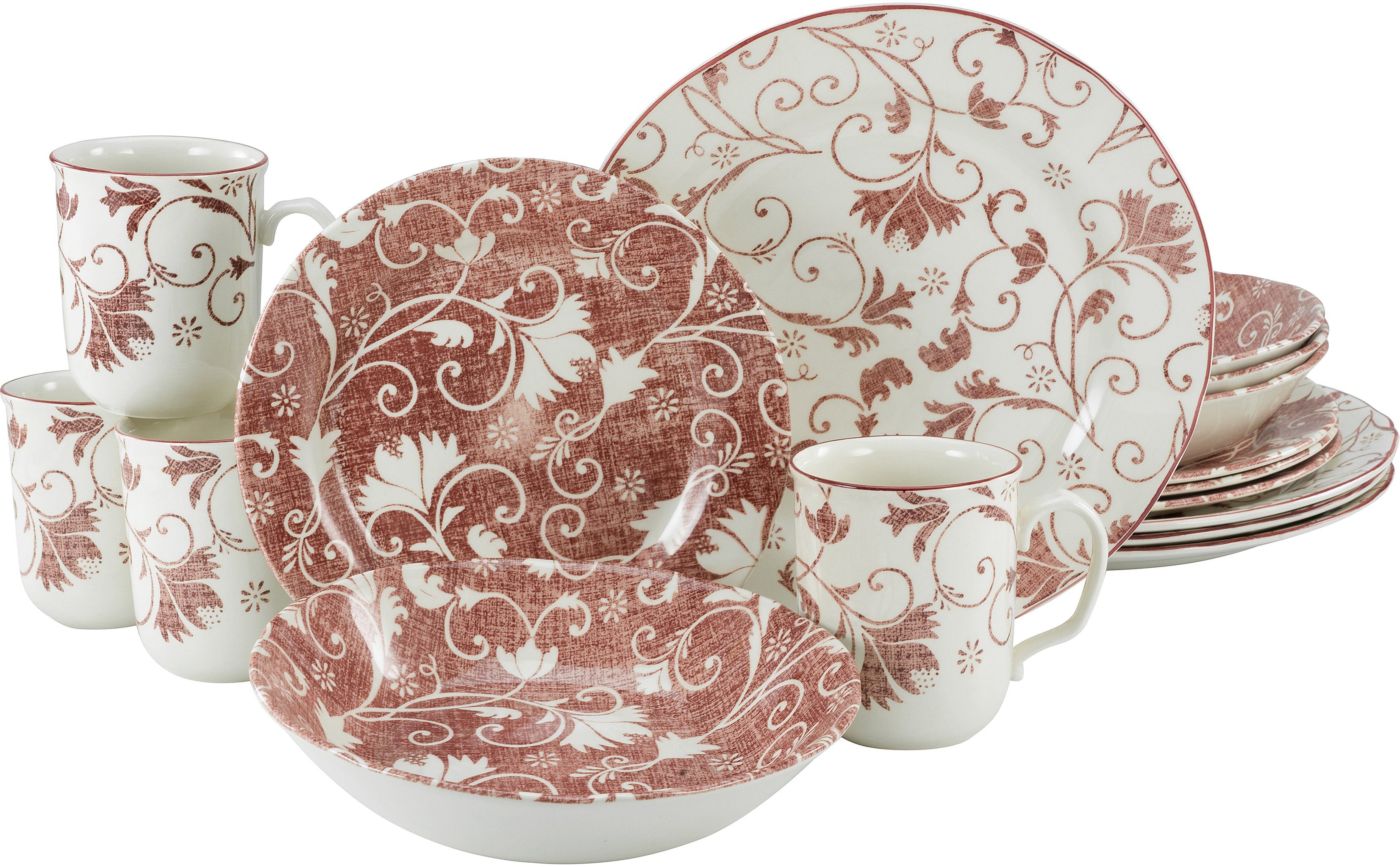 Geschirr-Set oppulentes Personen, Rankenornament, Teile, 16 Damask rot/weiß Steingut, für (16-tlg), 4 Personen Service, CreaTable Kombiservice 4