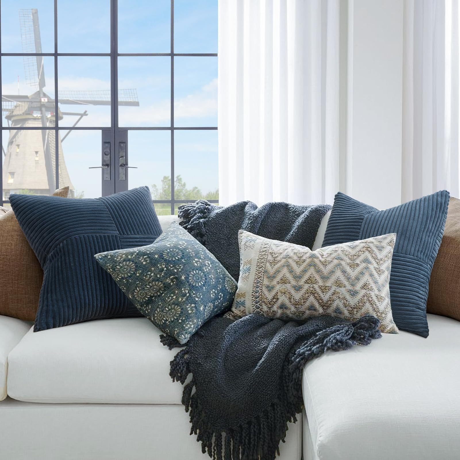 Topfinel Kissenbezug 40x40 4er set Kissenbezüge 50x50 Kordsamt mit Streifen deko Sofa, kissenbezug Blau-Grau Farbverlauf Schlafzimmer Weich Hautfreundlich
