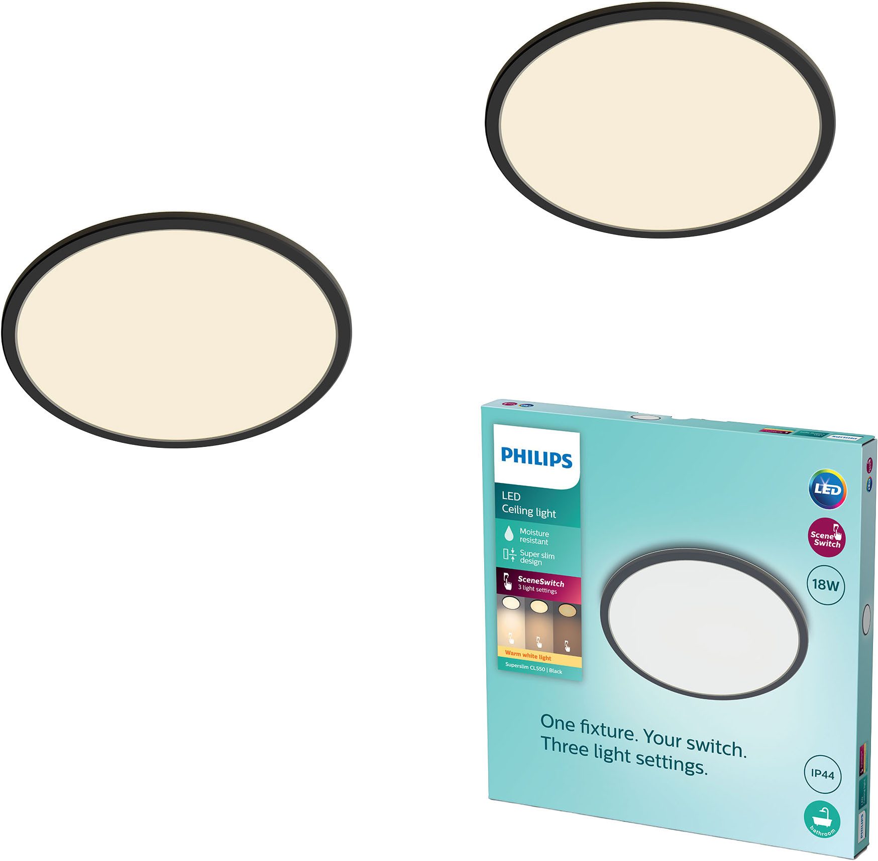 Philips LED Deckenleuchte Multipack 2x Superslim 3-in-1 CL550 15W IP44 1300lm 2700K, weiß, Dimmfunktion, Memoryfunktion, dimmbar über Fernbedienung, mehrere Helligkeitsstufen, LED wechselbar, Warmweiß, SceneSwitch
