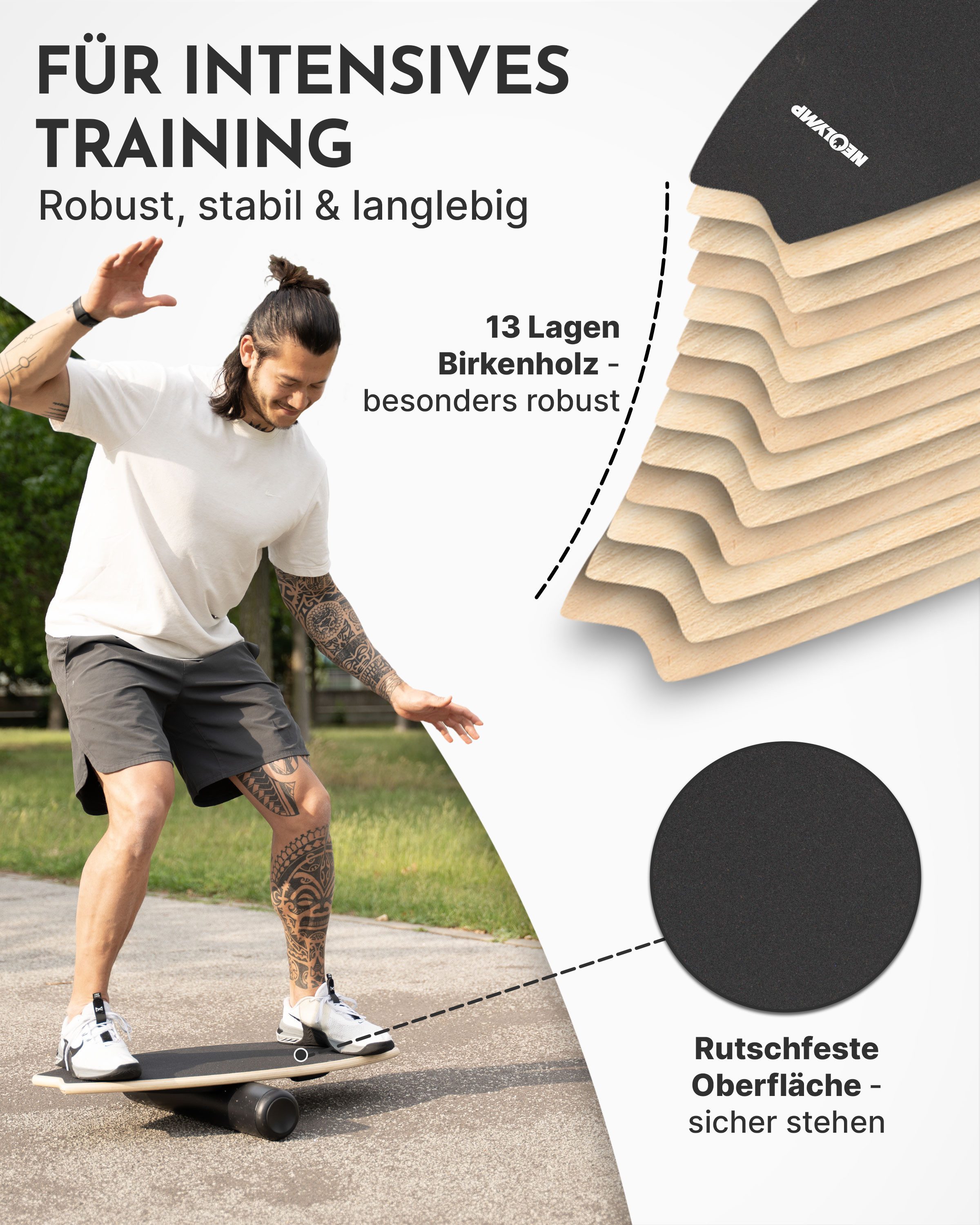 NEOLYMP Balanceboard Balance Board Holz – Gleichgewichtstrainer für Erwachsene & Kinder, Wackelbrett rutschfest & bis 210 kg belastbar – 7 Schwierigkeitsstufen