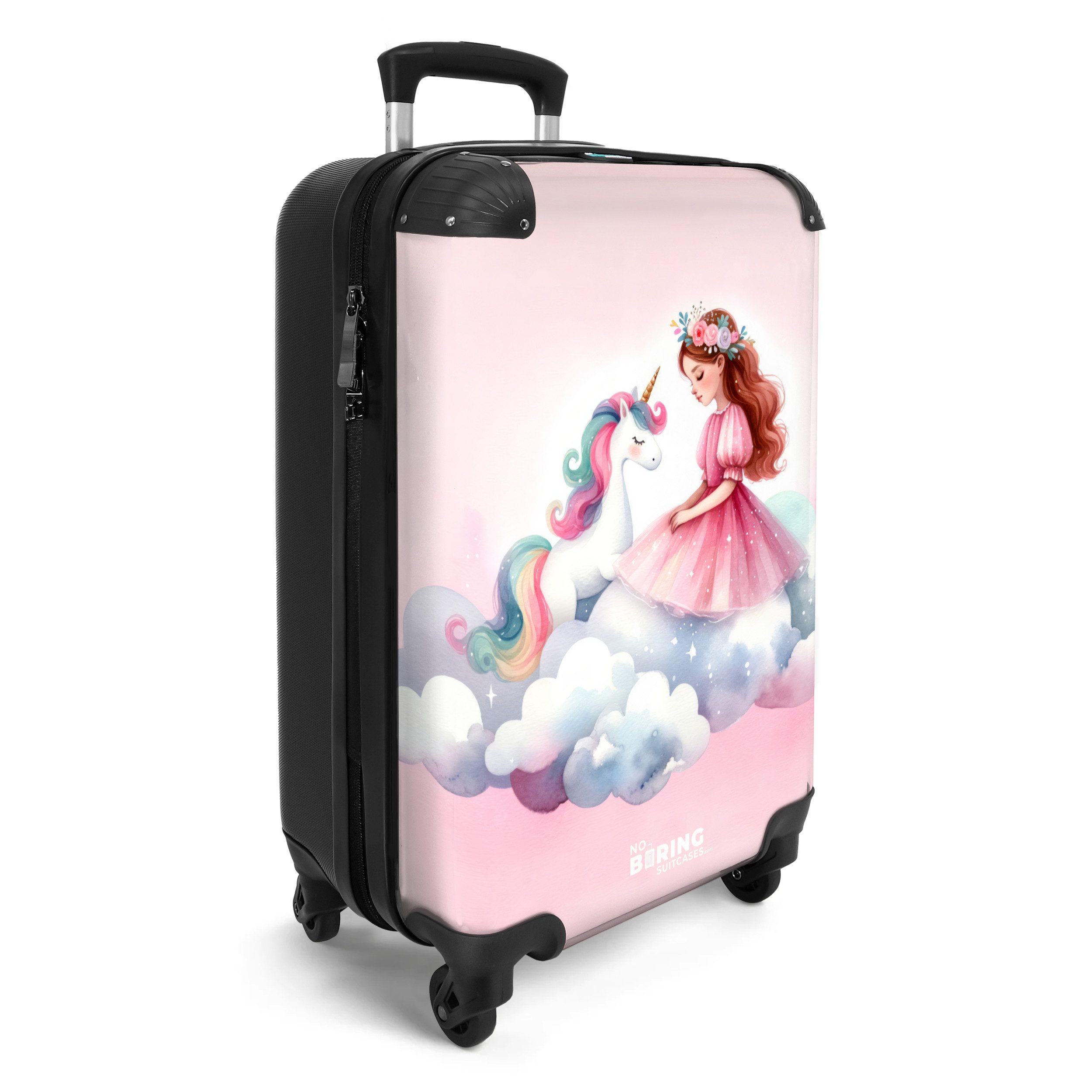 NoBoringSuitcases.com© Kinderkoffer Rosa Prinzessin und Einhorn auf einer Wolke 55x35x20cm, 4 Rollen, Handgepäck-Koffer, Kinderkoffer, Reisekoffer Mädchen