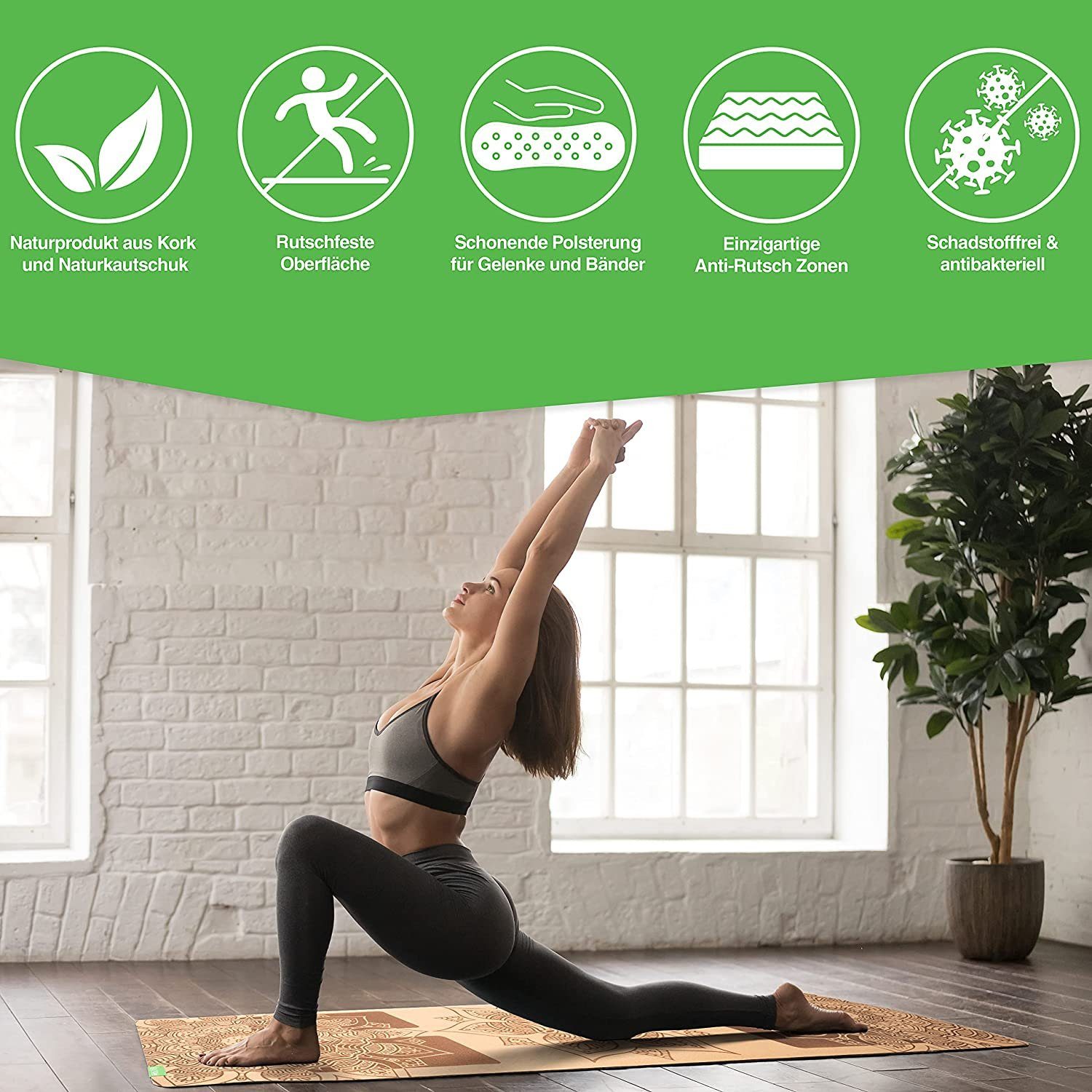 BACKLAxx® Yogamatte aus hochwertigem Kork, Gymnastikmatte 183 x 61 x 0,6 cm (Fitnessmatte aus Kork, inkl. Tragegurt & Videokurs), 4 mm stark, aus natürlichen Rohstoffen, mit Antirutschzonen