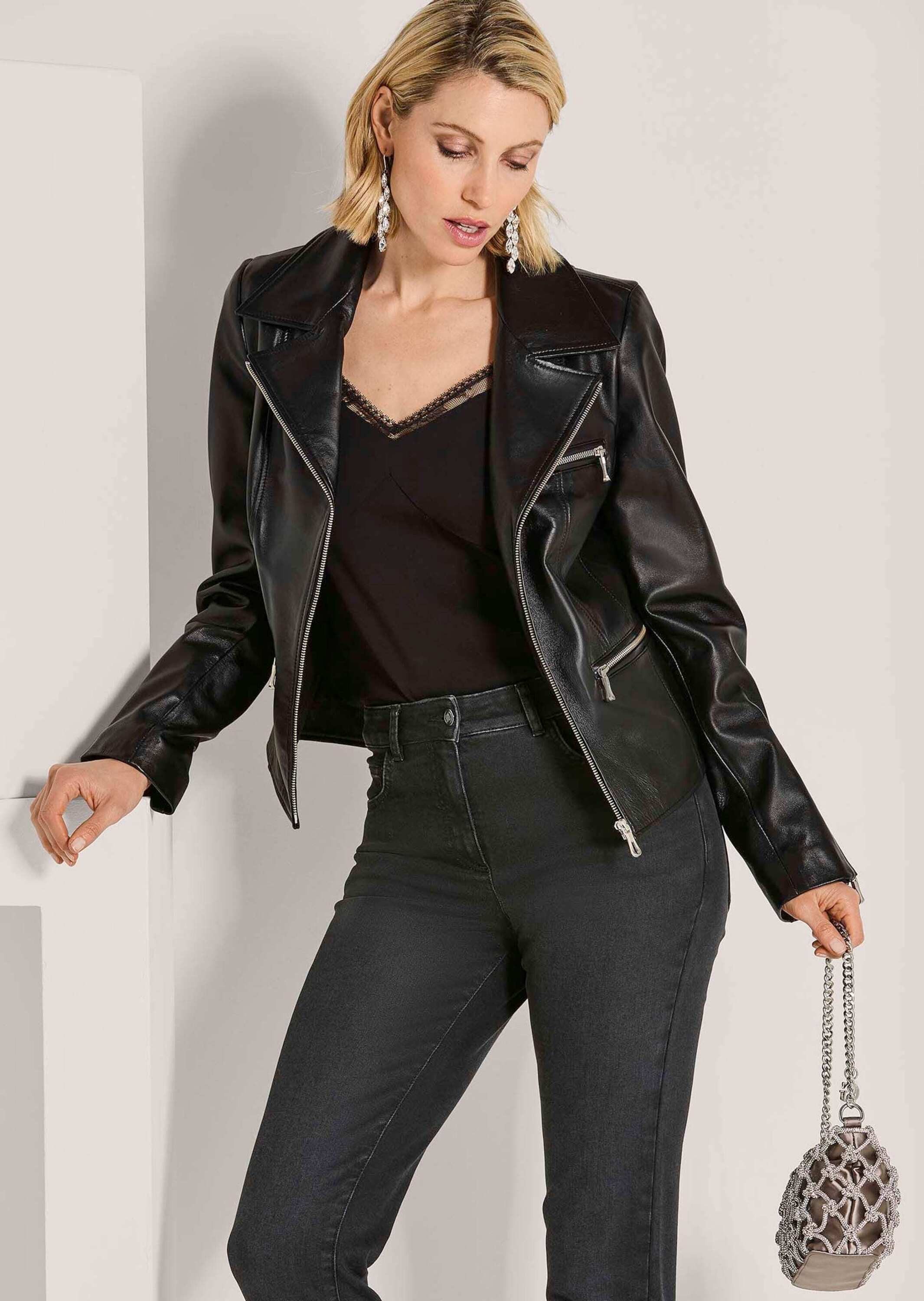 MADELEINE Lederjacke Langarmjacke aus feinstem Lammnappa Elegante Blazerform in verkürzter Form mit Reißverschlussdetails