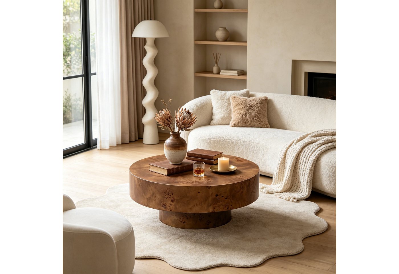 WILLIAMSPACE Couchtisch Benno Runder Couchtisch mit Burl Furnier-Minimalistischer Couchtisch (1 St), Maße ca.: B80 x T80 x H35 cm