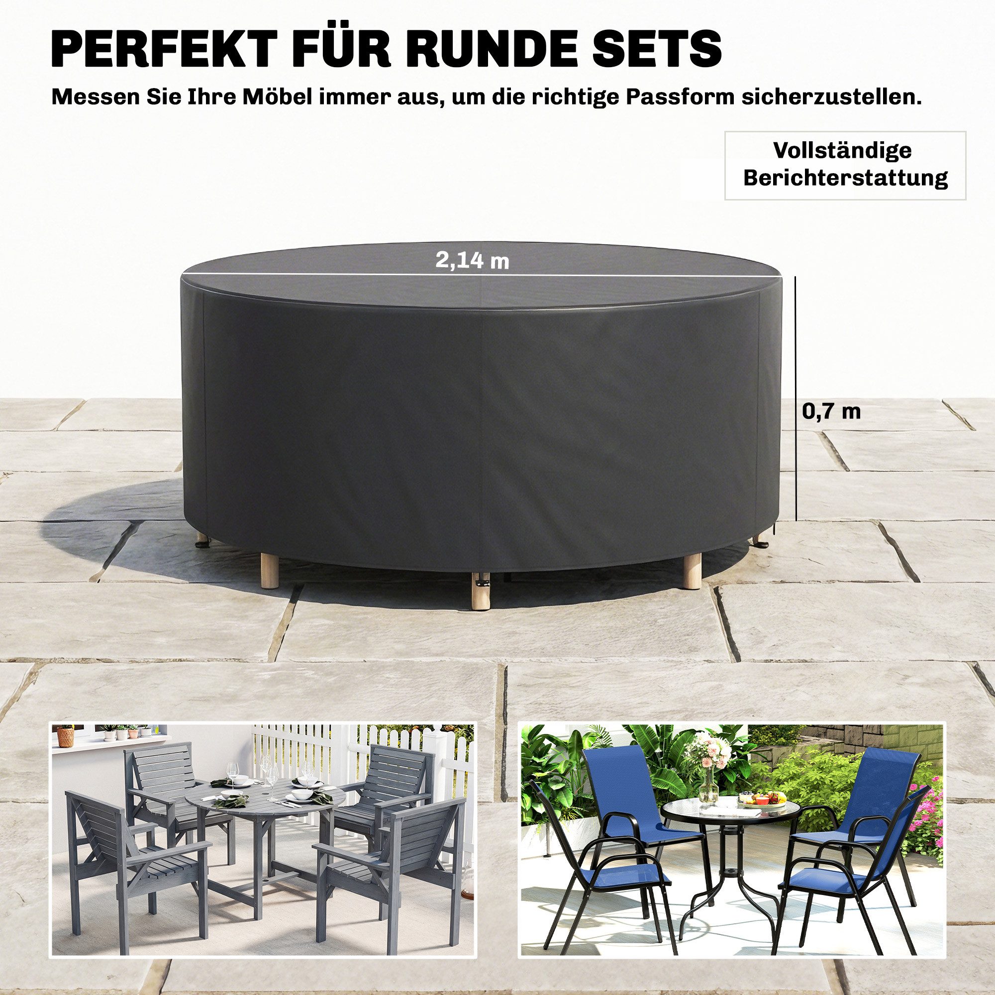 Outsunny Gartenmöbel-Schutzhülle Abdeckplane 420D Oxford Gewebe Abdeckhaube Rund (Wasserdicht Abdeckung, 1-St., Winterfest Abdeckplane), für Gartentische Terrassenmöbel Stapelstühle Ø214 x 70H cm, Schwarz