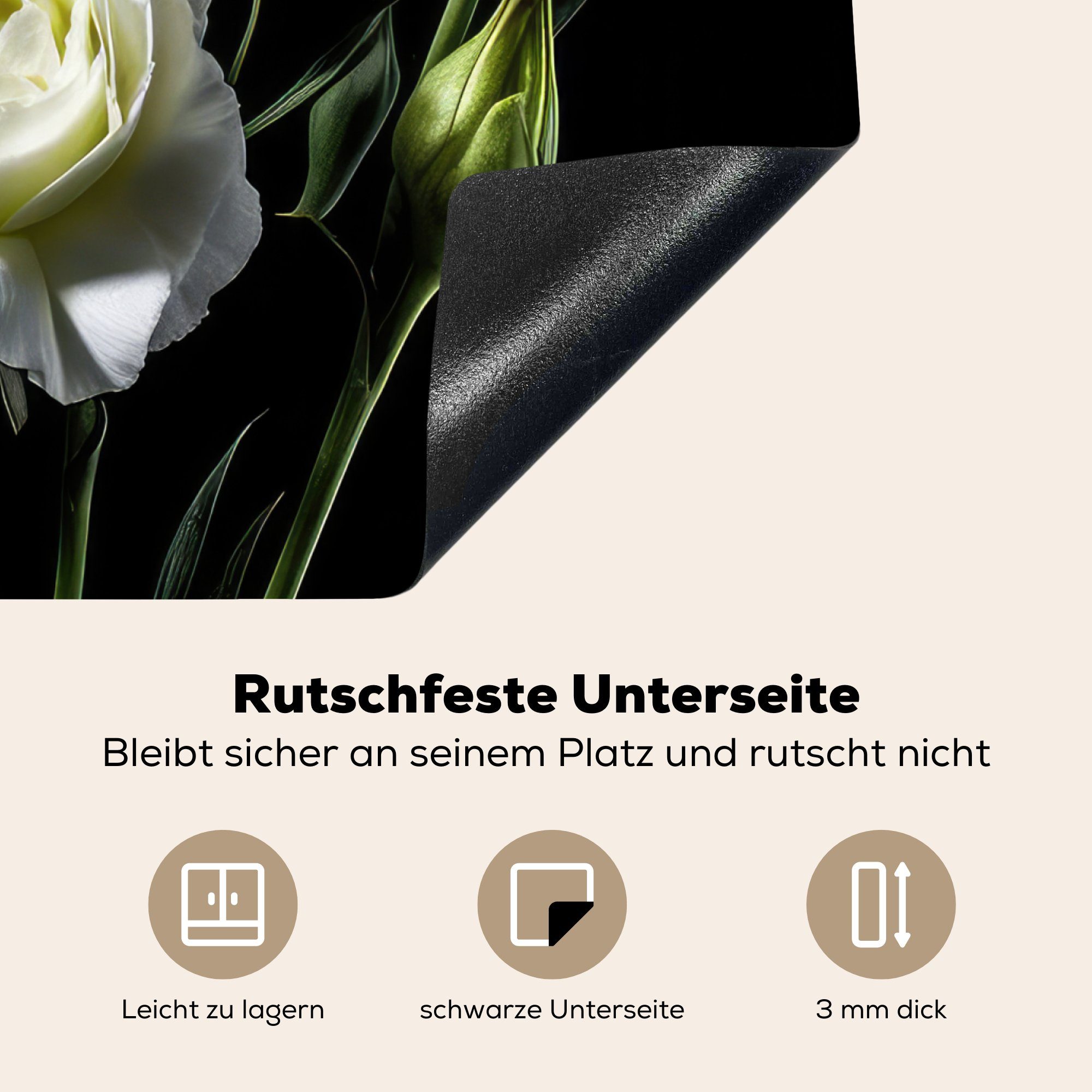 60x52 Schwarz, - nutzbar, cm, - Rosen Botanisch Blumen tlg), Vinyl, - Arbeitsfläche Mobile MuchoWow Herdblende-/Abdeckplatte Ceranfeldabdeckung - (1 Weiß