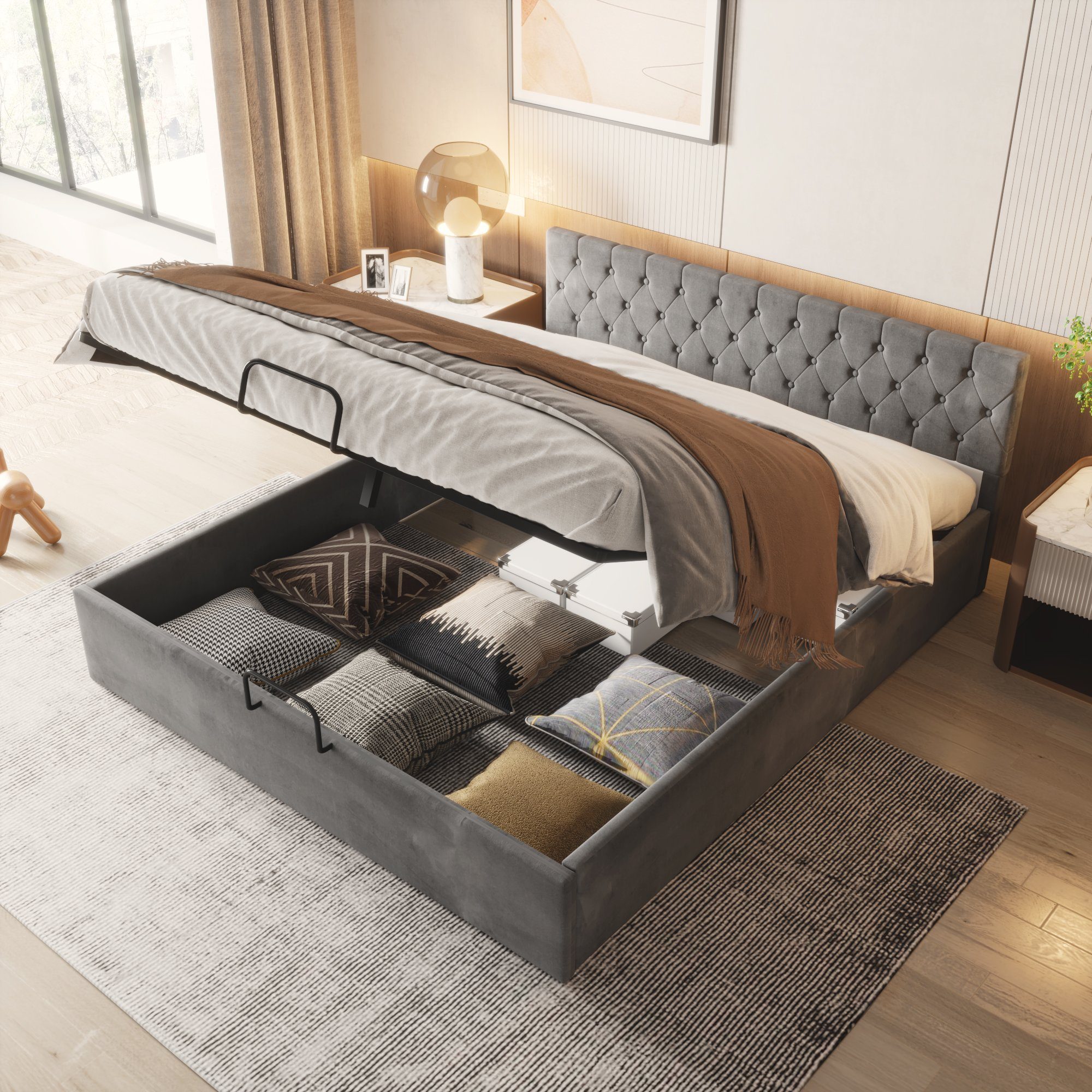 Boxspringbett (Polsterbett), Hydraulisches Doppelbett 180x200 cm mit Knopfheftung