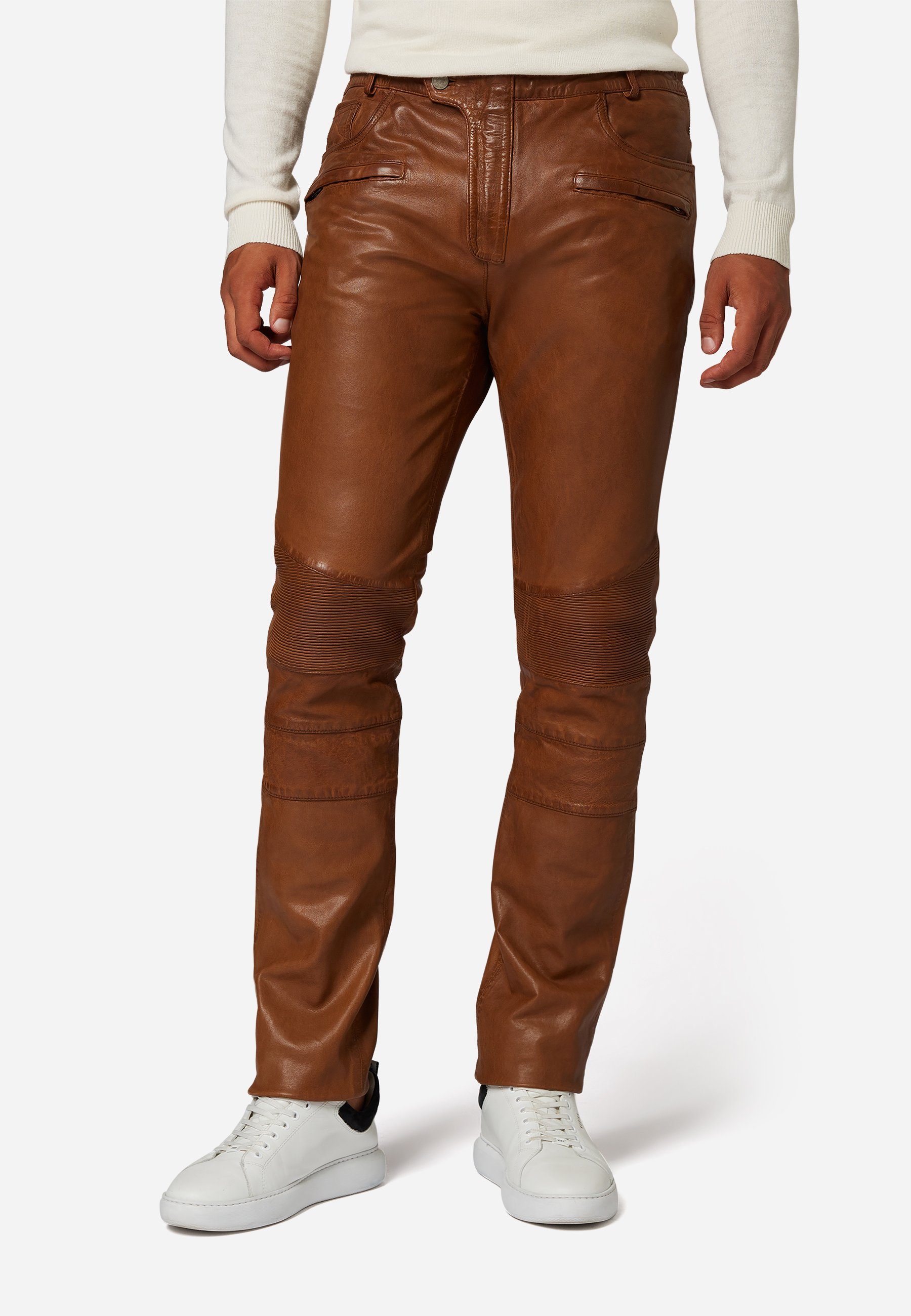 RICANO Lederhose Franklin Hochwertiges Lamm-Nappa Leder, Bikerapplikation Cognac