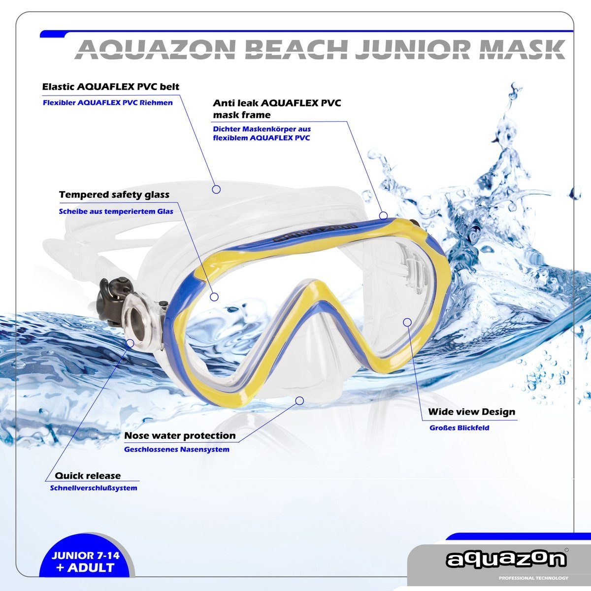 BEACH, AQUAZON Kinder für Schnorchelbrille Junior Silikon Taucherbrille blue-yellow Jahre, 7-12