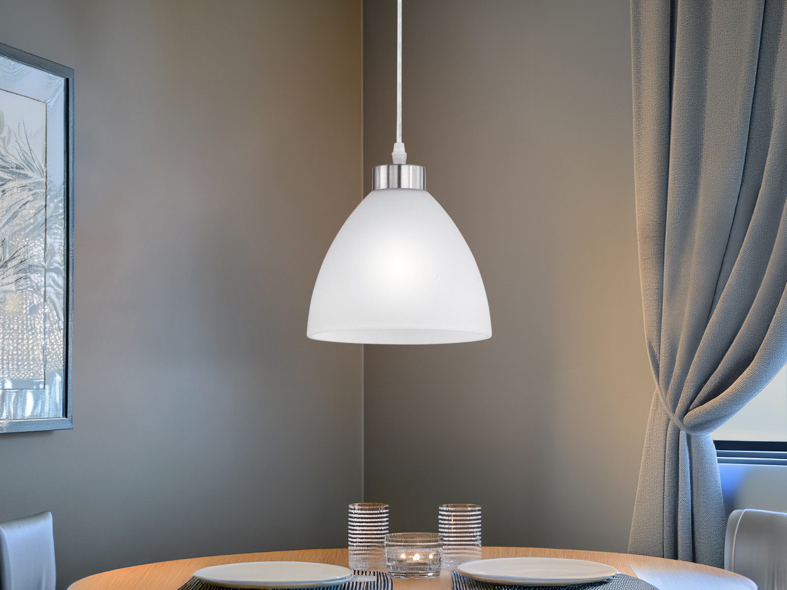 Reality Leuchten LED Pendelleuchte mit Glas Lampenschirm Weiß, Ø 20cm, dimmbar, LED wechselbar, Warmweiß, kleine Esszimmerlampe hängend einflammig Designklassik – Bild 5 von 5