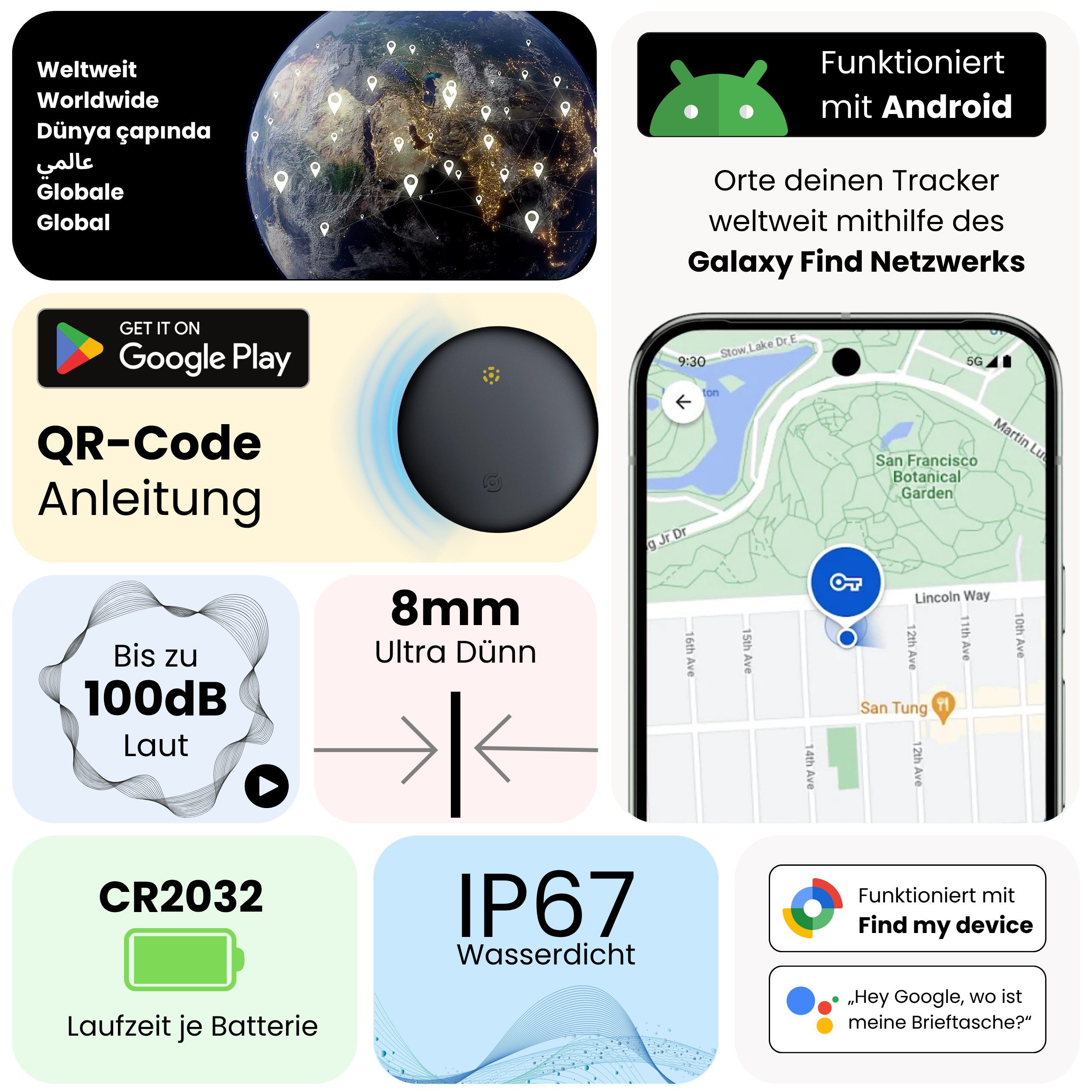 S&T Design GPS Tracker Smart Tag AirTag alternative für Android Schlüsselfinder GPS-Tracker (Weltweit Wasserdicht Bluetooth Key Finder Tasche/Koffer/Brieftasche)