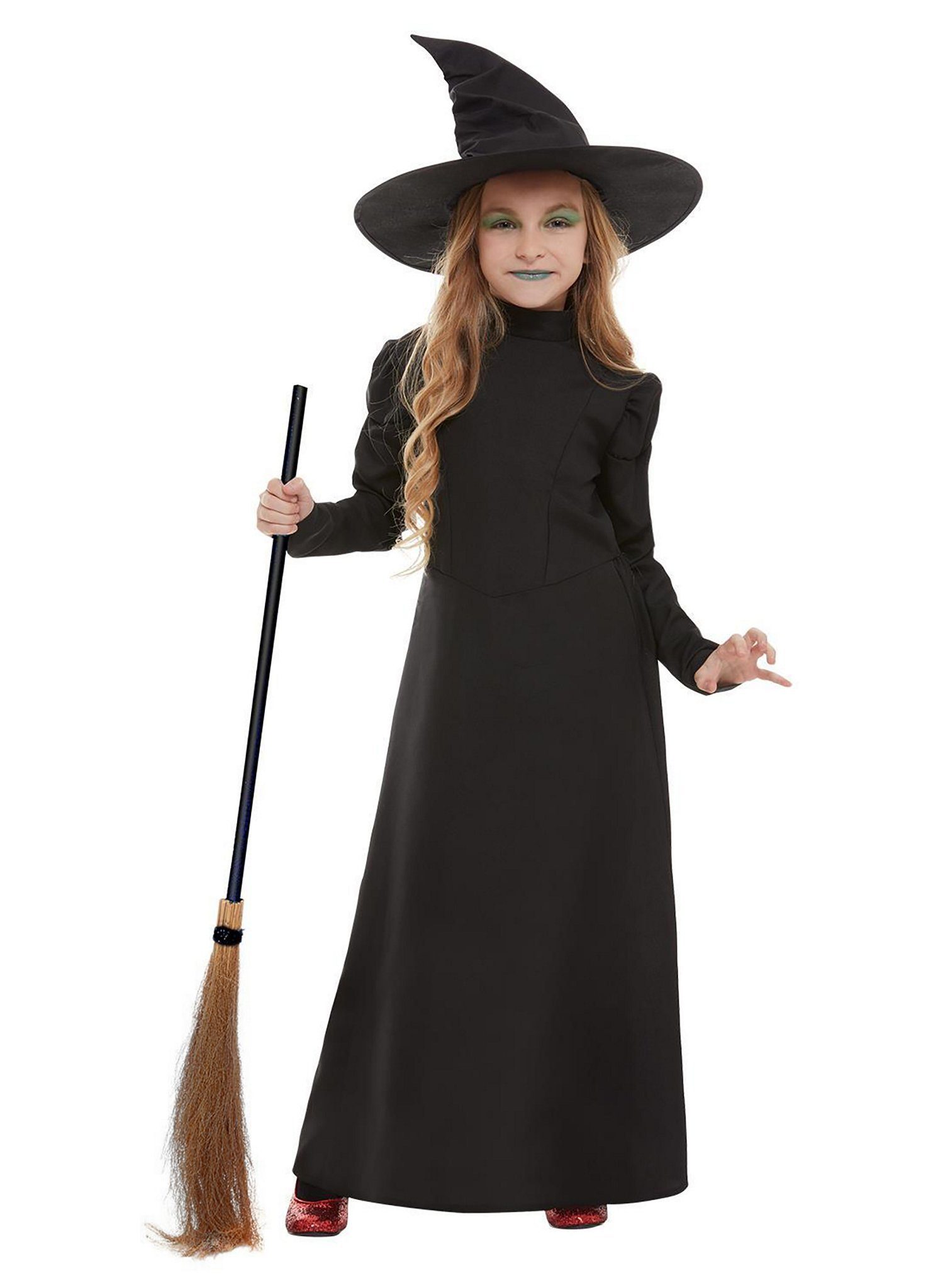 Smiffys Hexen-Kostüm Wicked Witch - Hexen Halloween Kostüm Kinder, Klassisches schwarzes Hexenkostüm für Kinder