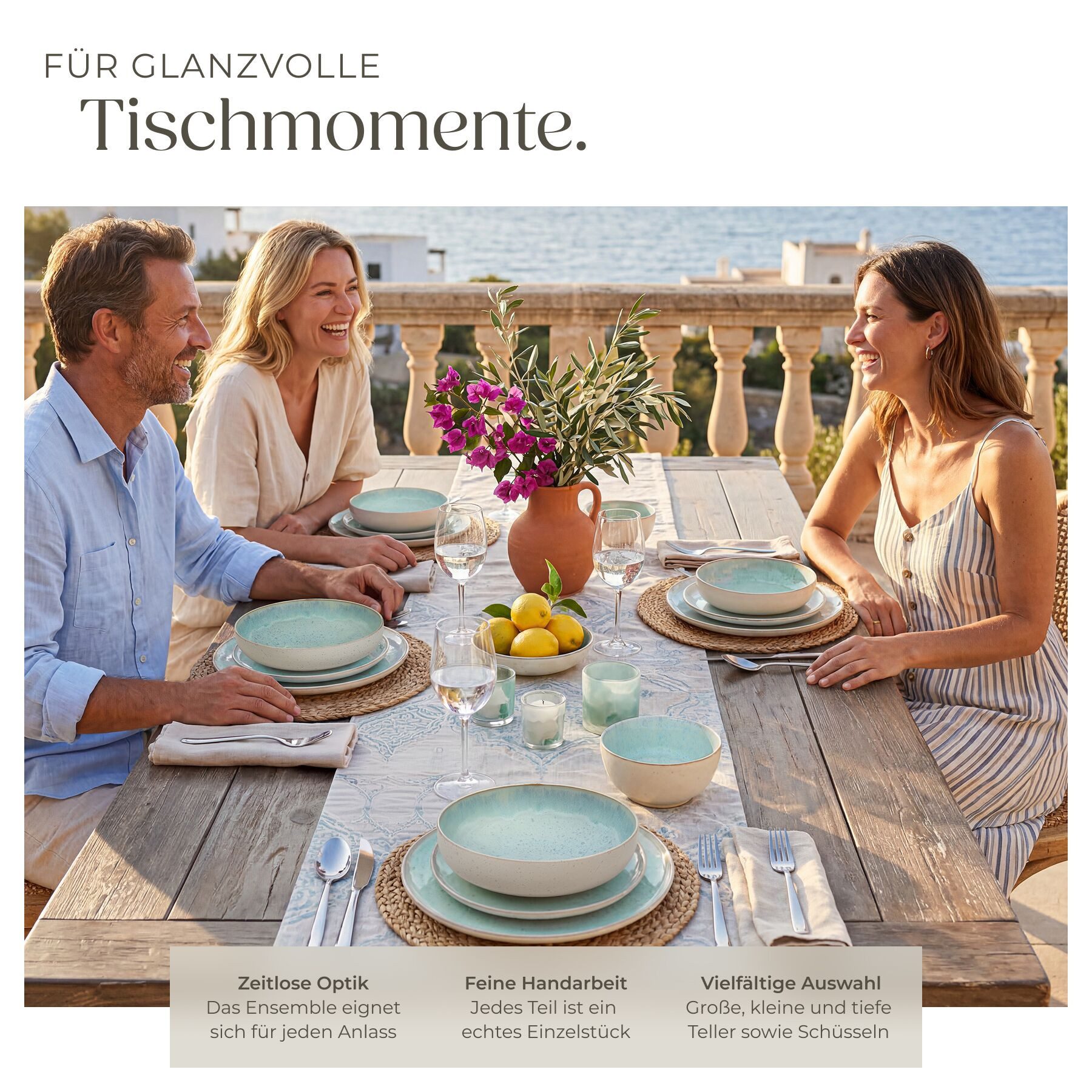 tectake Geschirr-Set Tafelservice aus Steingut für 6 Personen, ineinander stapelbar (24-tlg), 6 Personen, Steingut, handgefertigt, mit Glasur, spülmaschinen- un – Bild 3 von 5