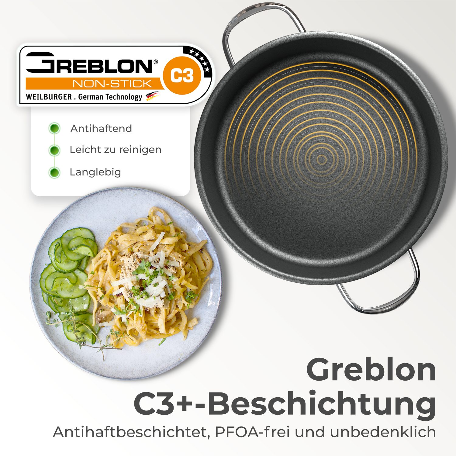 KLAMER Servierpfanne mit Deckel 28cm Induktion, antihaftbeschichteter Edelstahl Schmortopf…, Edelstahl, Energiesparend, Güteglasdeckel, tropffrei abgießen