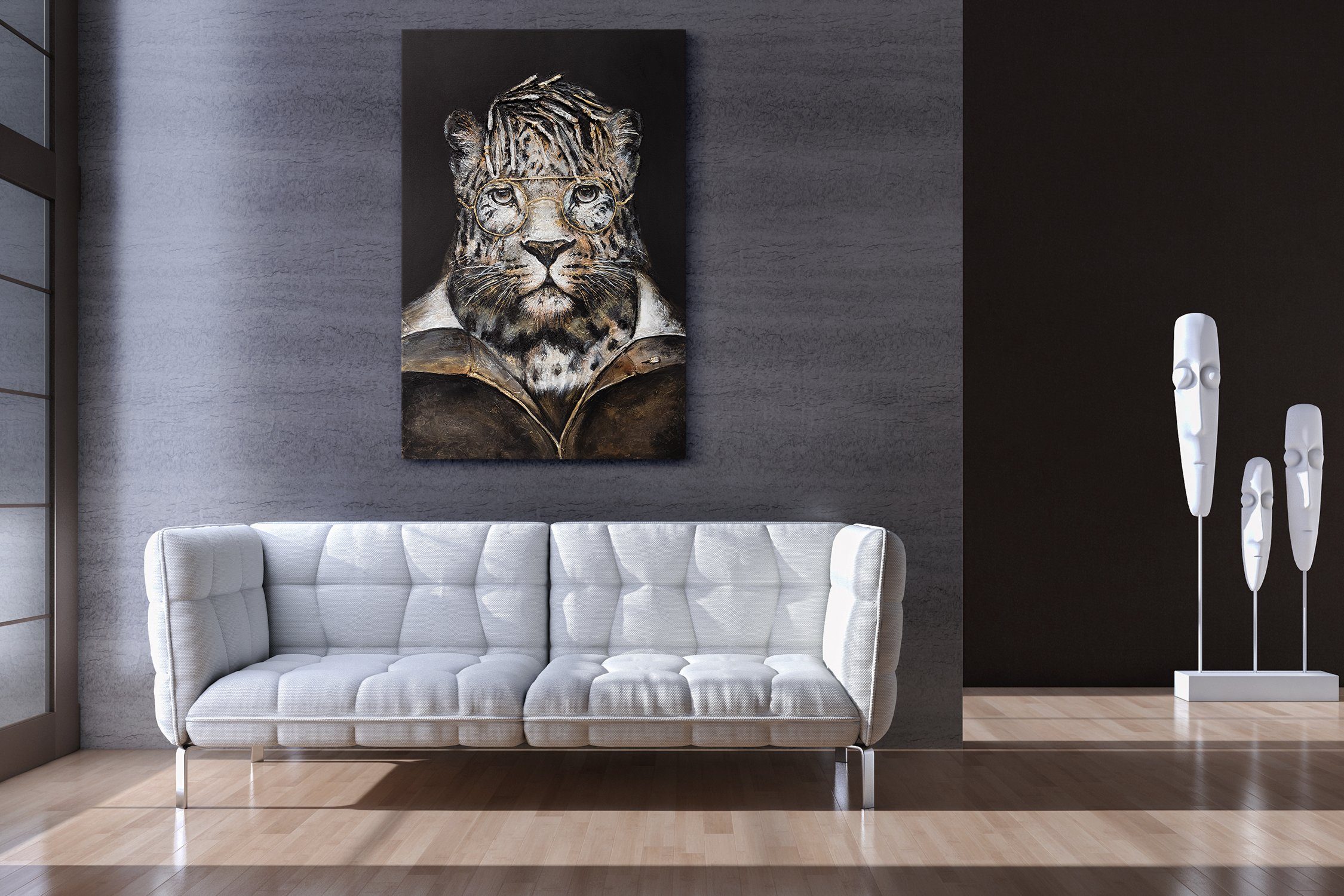 YS-Art Gemälde Temperament, Tiere, Leinwand Bild Leopard mit Brille Handgemalt Anzug mit Tier