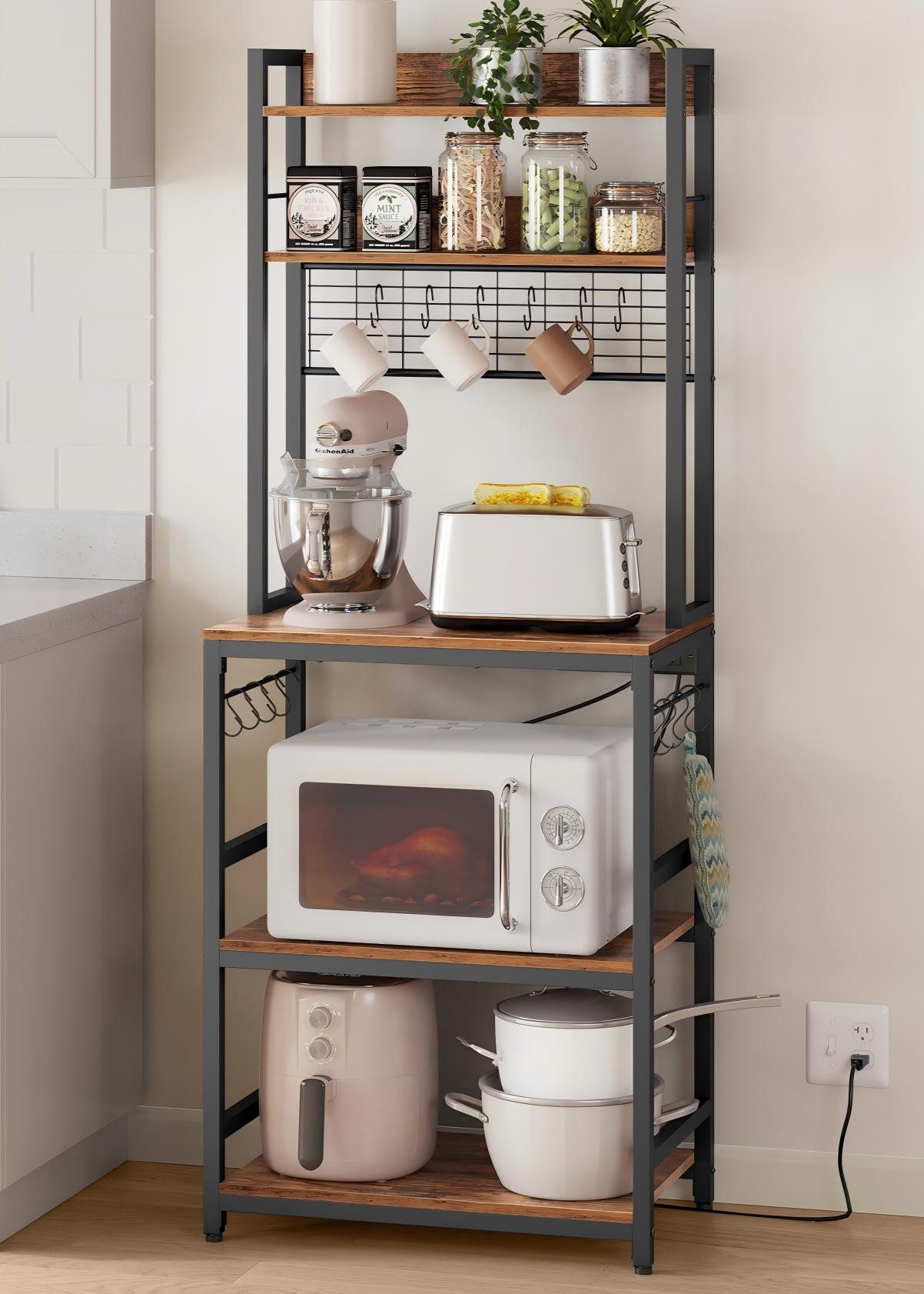 VASAGLE Standregal, Küchenregal mit Steckdosen, 14 Haken, 40 x 80 x 170 cm