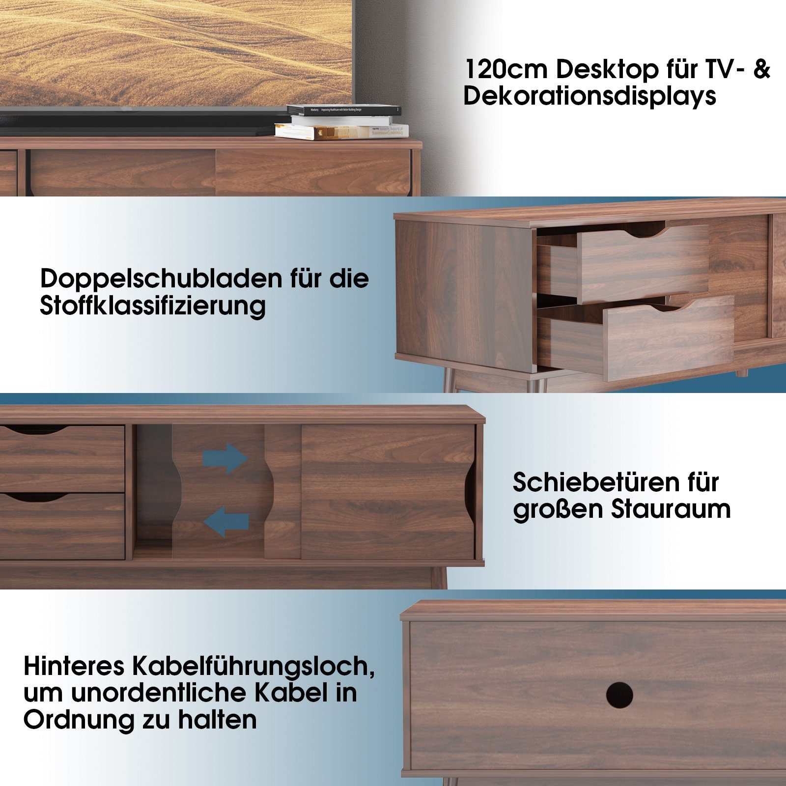 mit Schubladen TV-Schrank 2 cm Walnuss Schiebetüren, & 2 120 COSTWAY