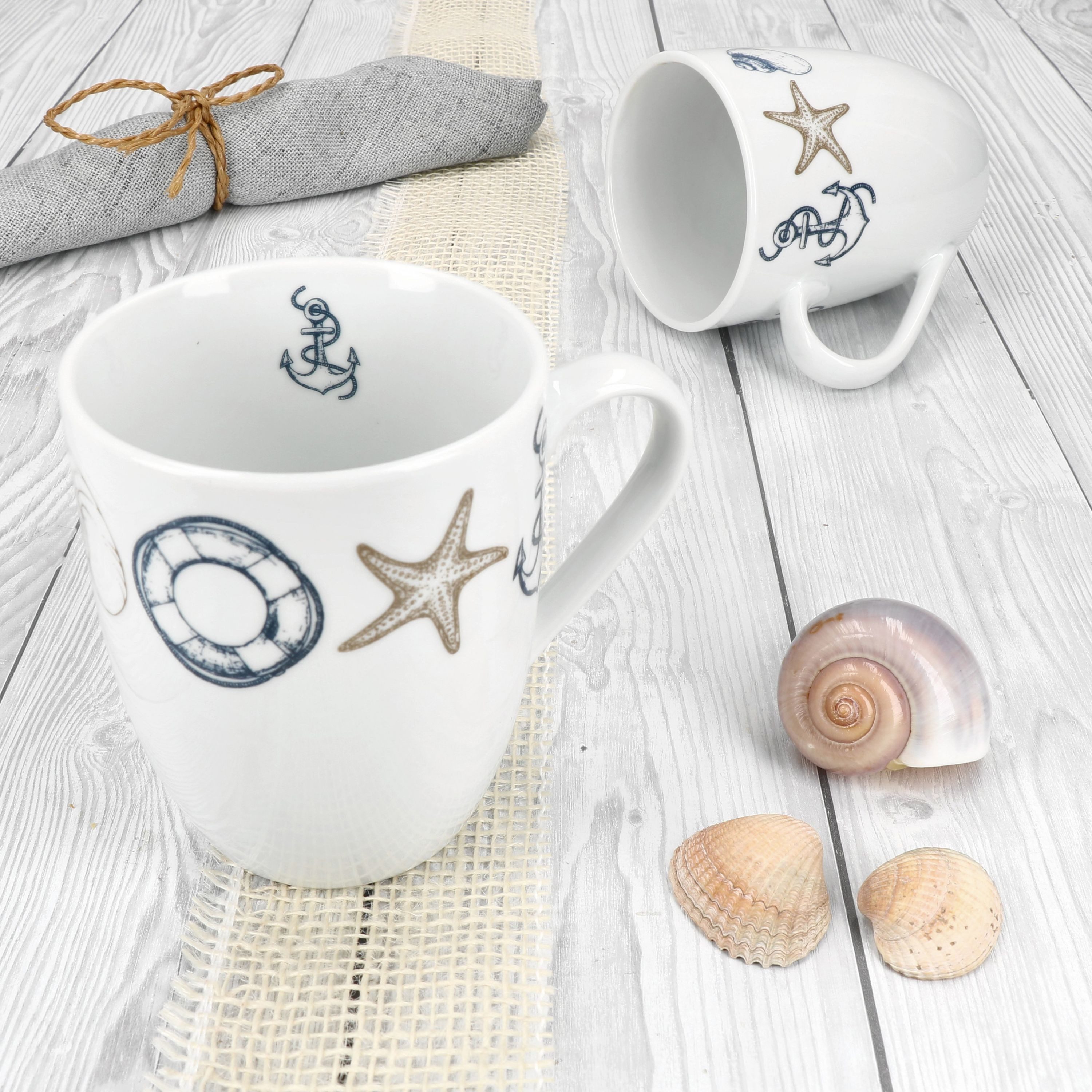 MamboCat Becher Neptun 6x Kaffeebecher 280ml Porzellan-Tassen Tee Kakao Anker maritim, Porzellan