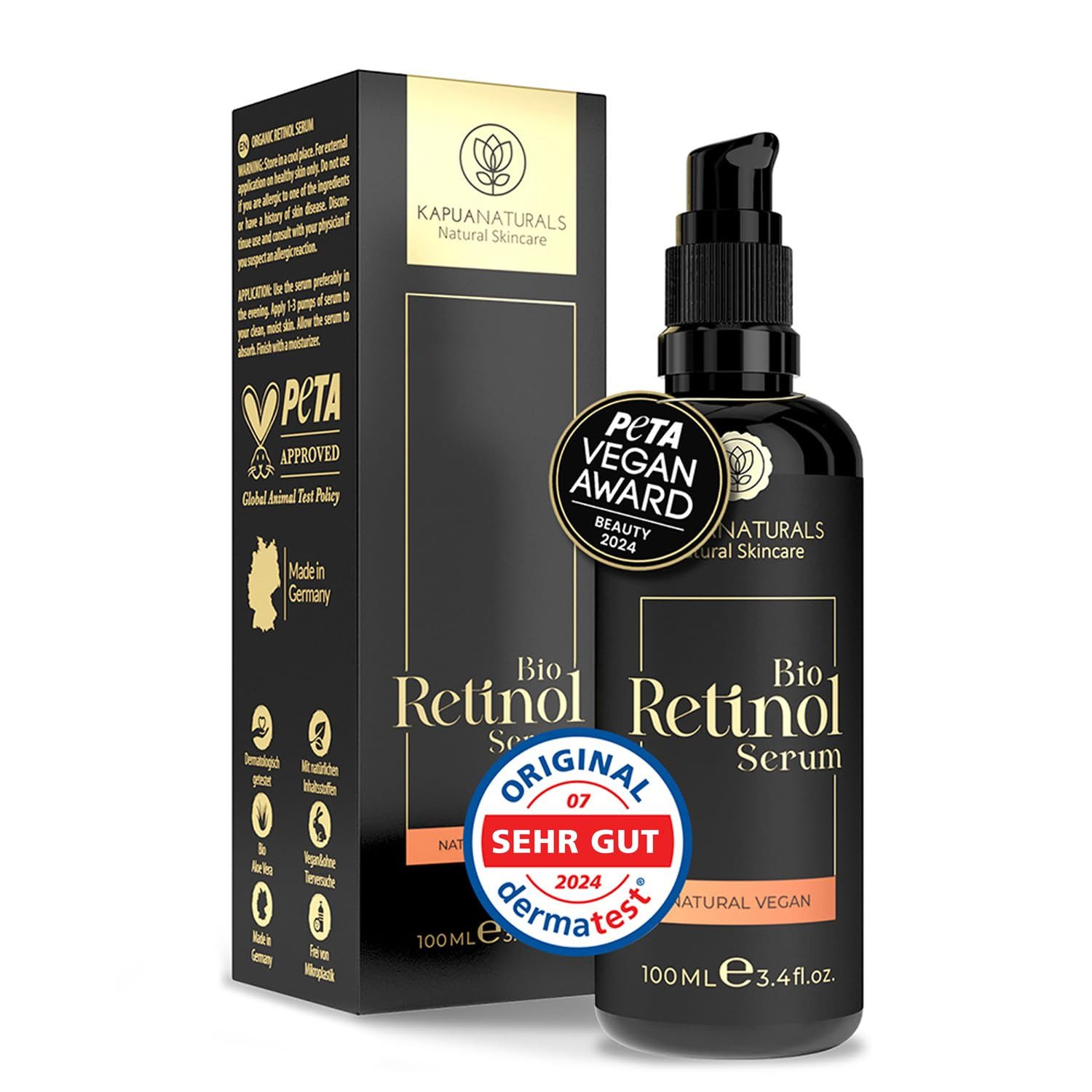 KAPUANATURALS Gesichtspflege BIO Retinol Serum hochdosiert 5-Fach-Komplex +Hyaluron +Vitamin C 100ml, mit BIO ALOE VERA VEGAN Made in Germany