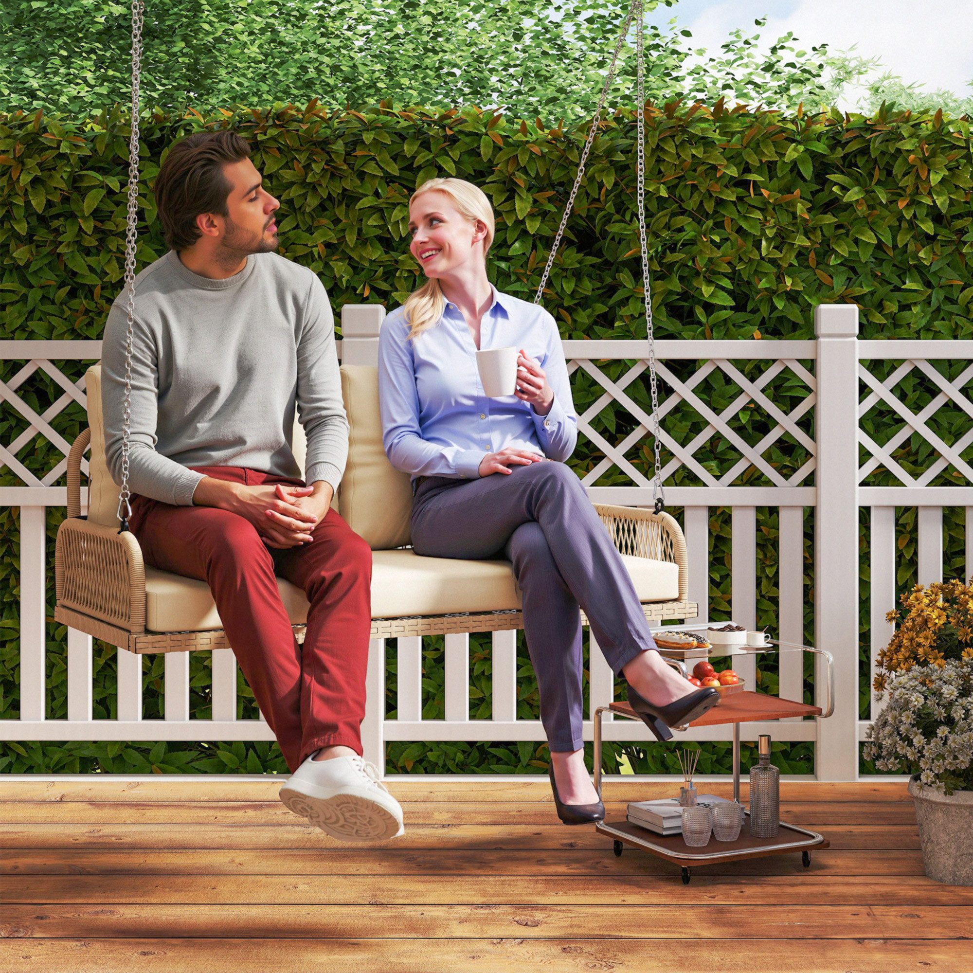 Outsunny Hollywoodschaukel mit Kissen, Ketten, bis 240 kg belastbar, 2-Sitzer, Schaukeln, Rattan Gartenschaukel, 1 tlg., 2-Sitzer Hängebank, für Garten, Balkon, 115 x 66 x 44 cm, Beige
