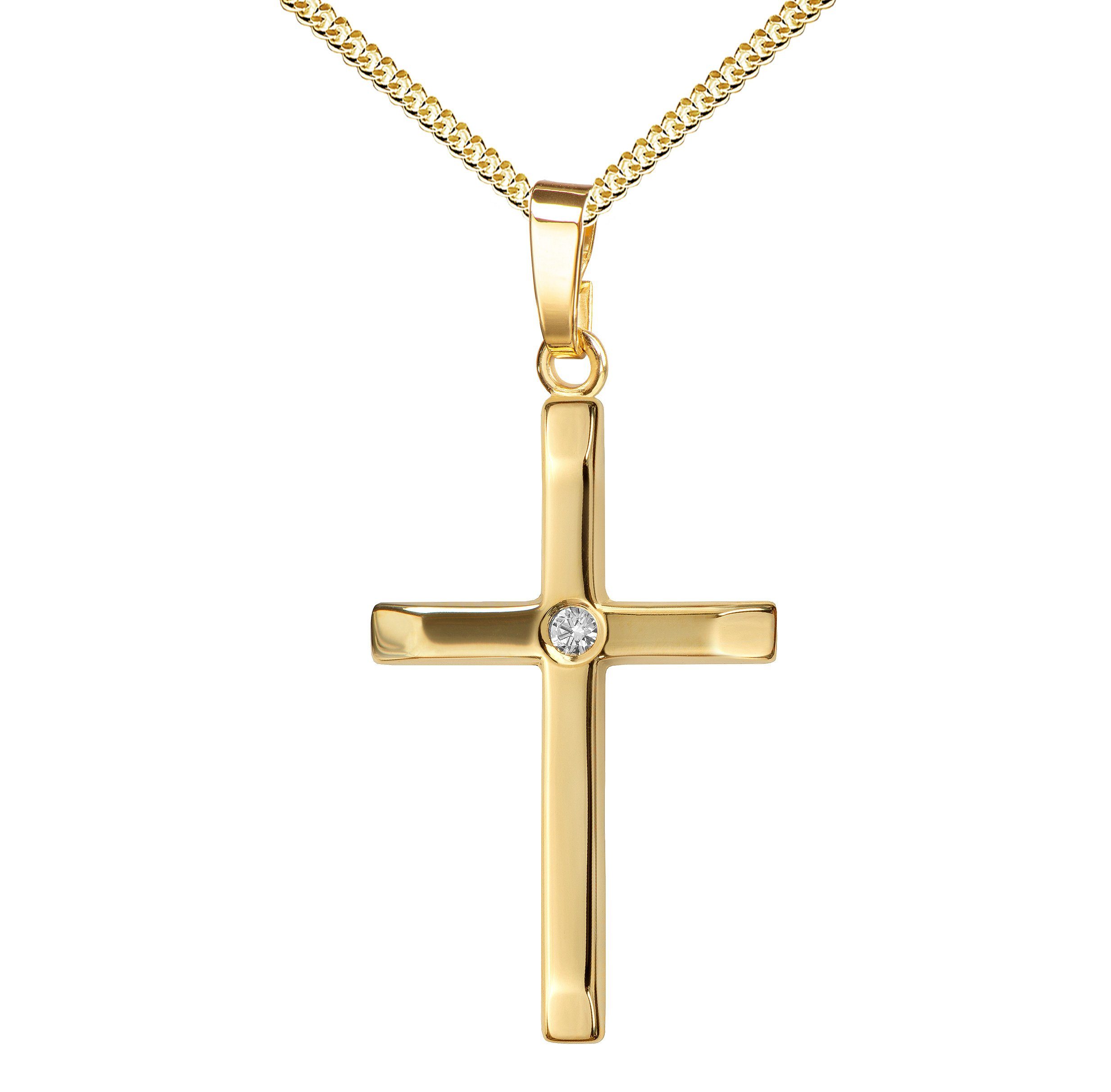 JEVELION Kreuzanhänger mit Brillant Anhänger 333 Gold - Made in Germany (Goldkreuz, für Damen und Herren), Mit Kette vergoldet- Länge wählbar 36 - 70 cm oder ohne Kette.