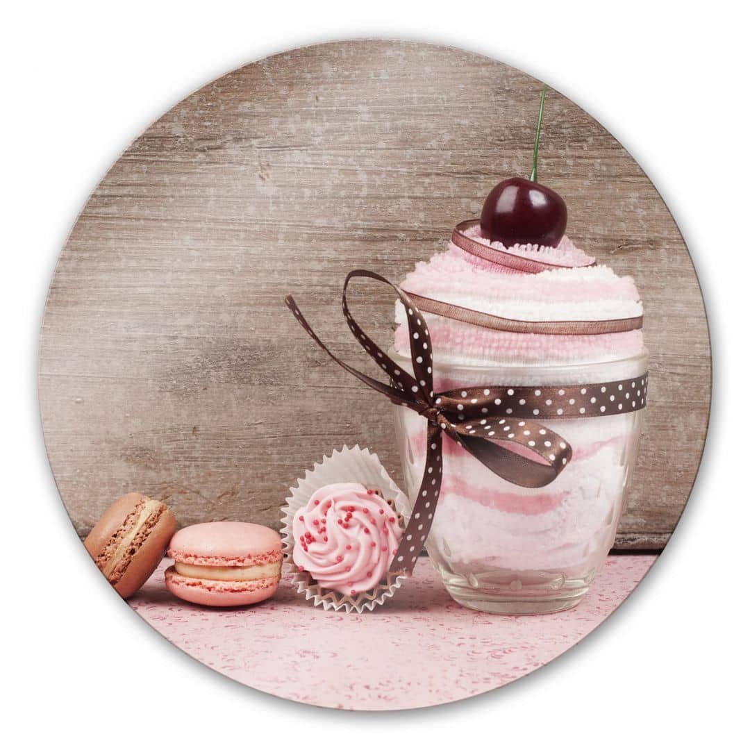 K&L Wandbild Glas Süßigkeiten Nachtisch, Bilder Glasbild Gemälde rosa Wall Rund Wandschutz Deko Art Macaron