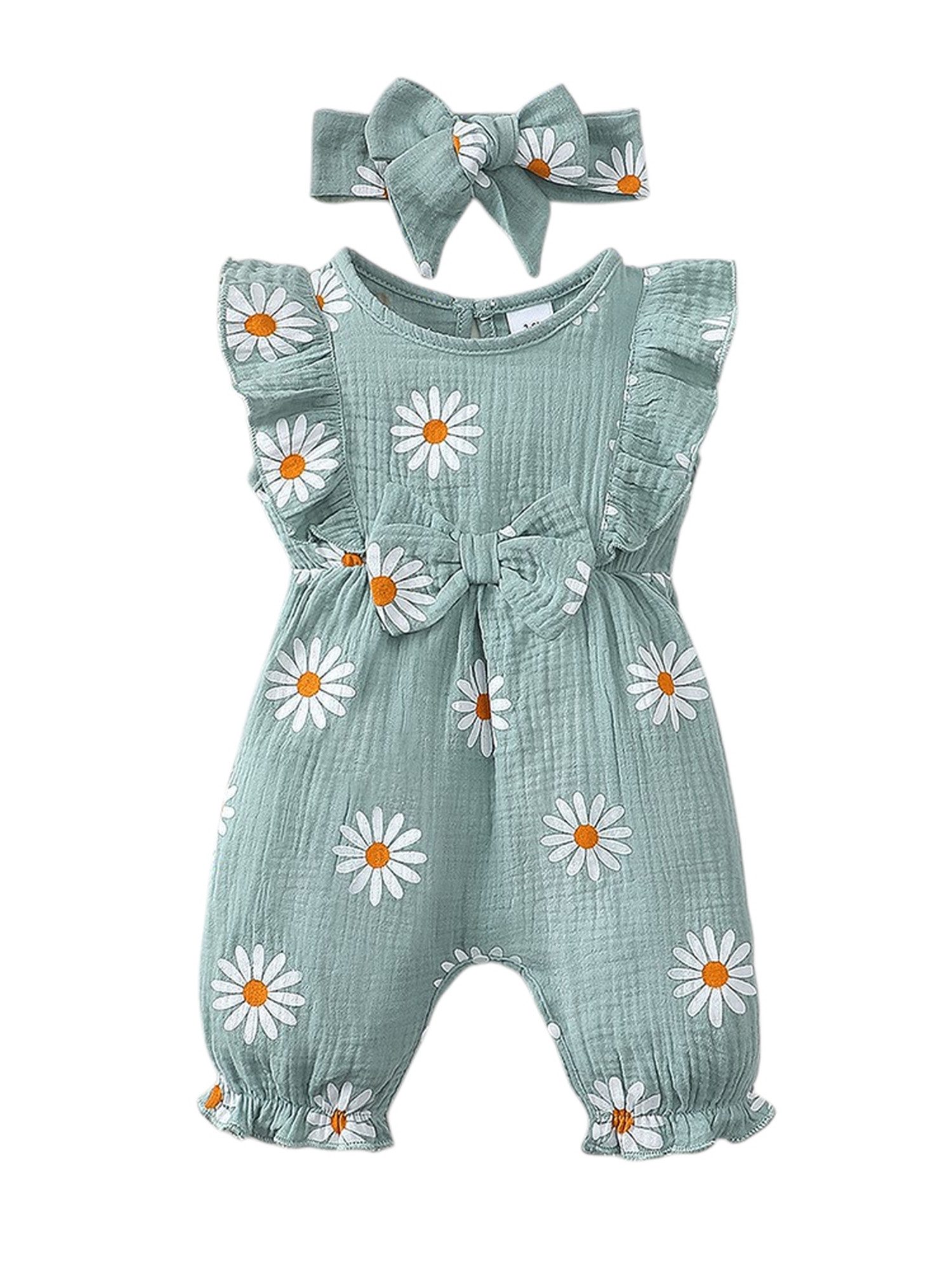 Lapastyle Strampler Baby Sommer Outfit Set, Bodysuit mit Rüschen und Gänseblümchen Muster (Set, 2-tlg) Jumpsuit & Haarband Set, 100% Baumwolle, Schleifendekor, Lässig, Süß