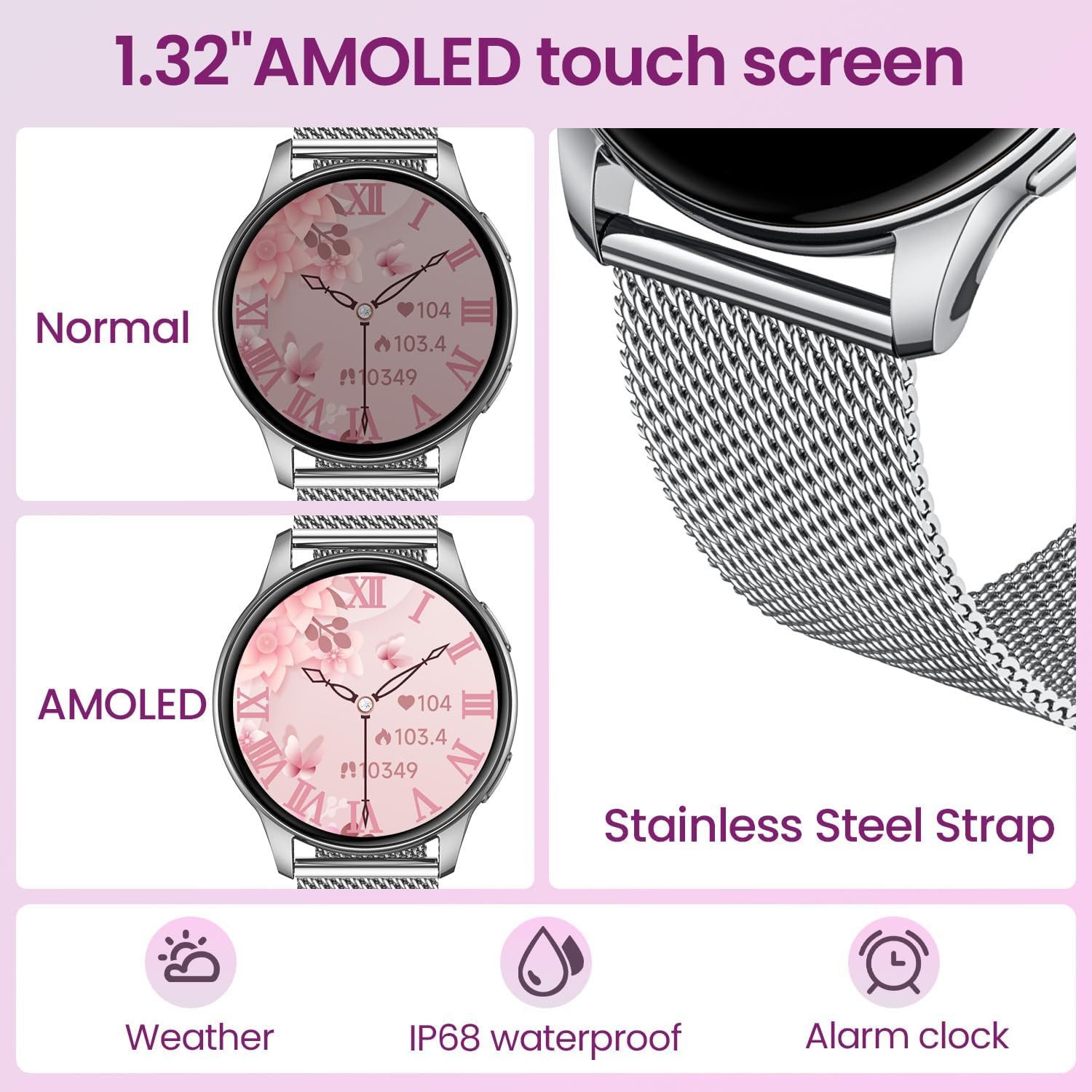 Motsfit Smartwatch (3,3 cm, android ios), Damen Smartwatch mit 1.32" AMOLED Display, Bluetooth Anruf