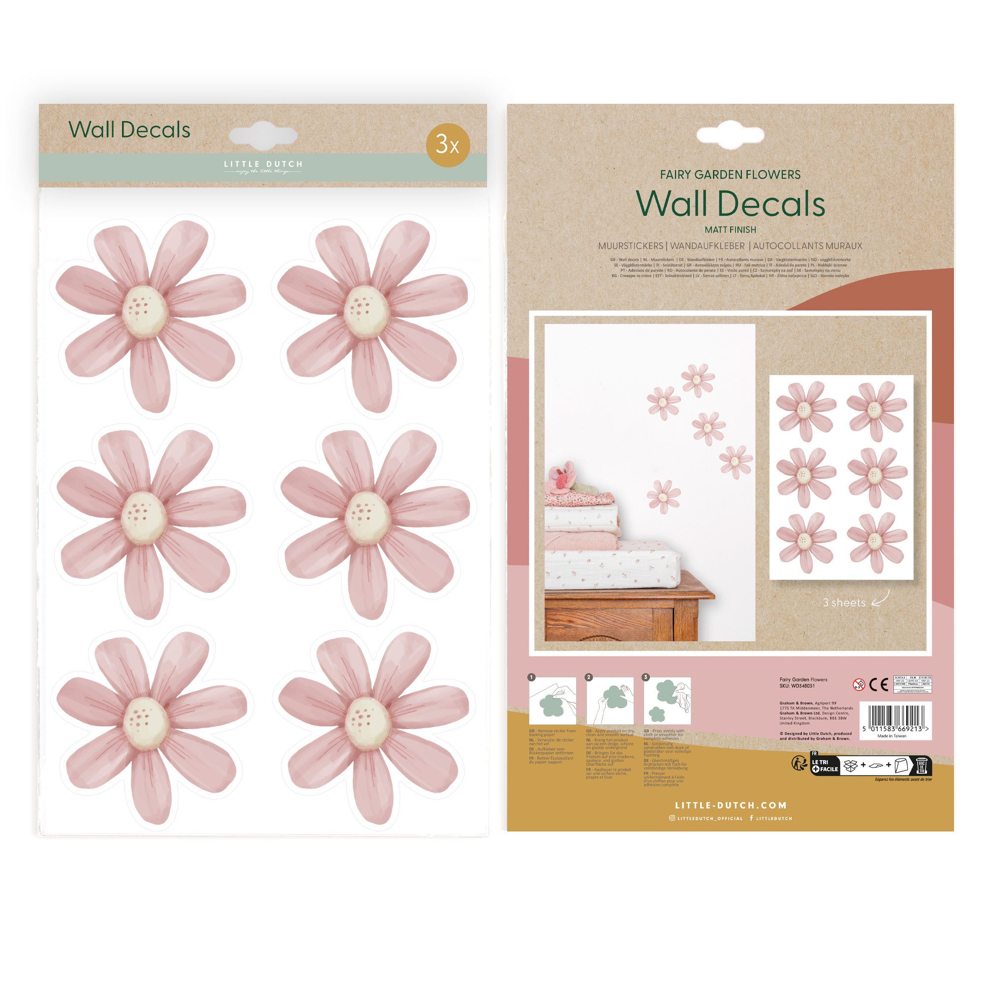 LITTLE DUTCH Wandtattoo Wandsticker Set Fairy Garden Flowers A4 (3x St) (Set, 3 St), 3x A4-Format