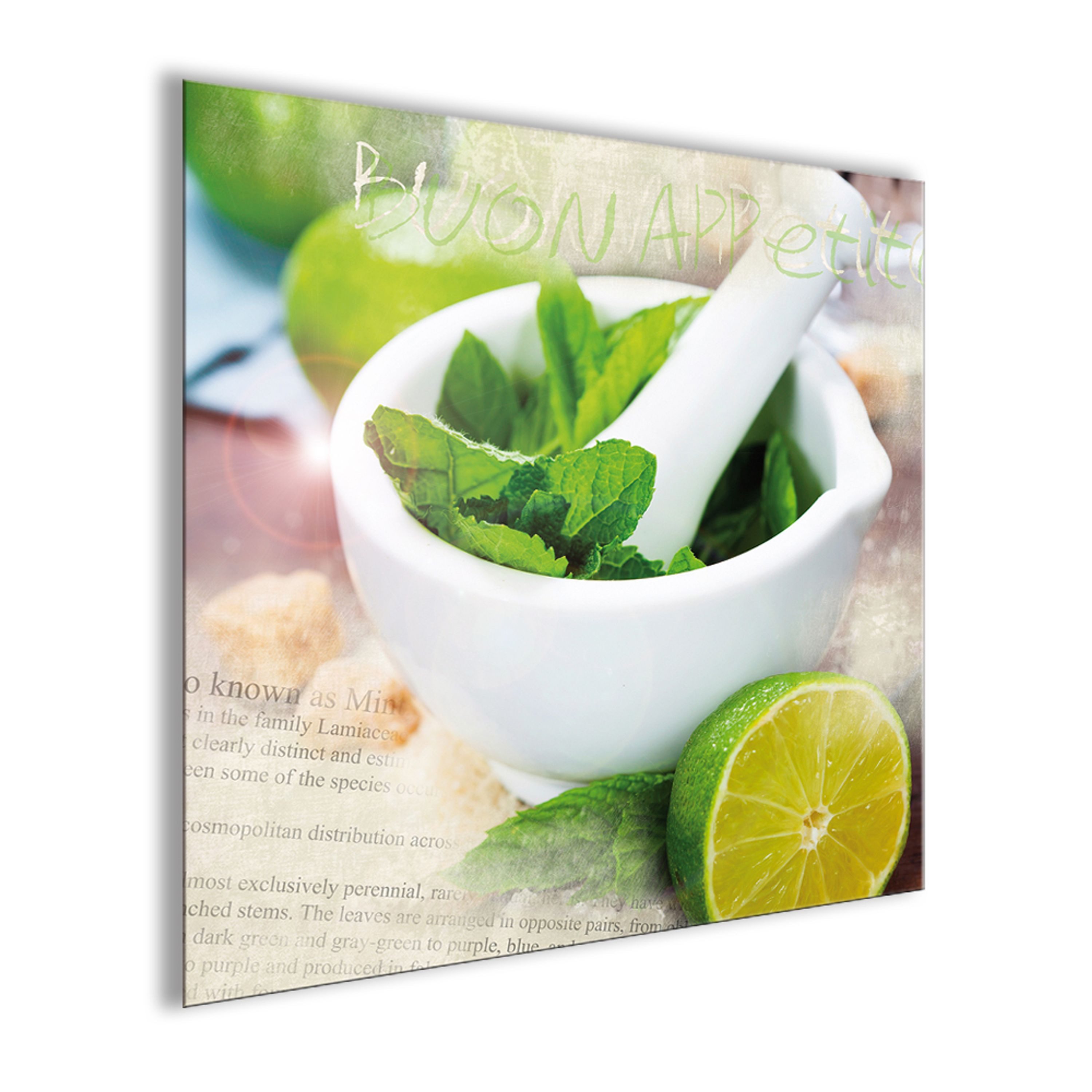 artissimo Glasbild Bild Küche 50x50 cm / Wandbild aus Glas / moderne Küchendeko, Küchenbild: Minze und Limette grün