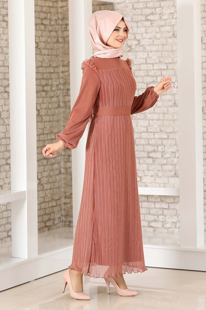 Modavitrini Abendkleid Abaya Damen Falten-Optik Abiye Lady mit Schulterdetail Hijab Kleid Koralle Schulterdetail, Kleid