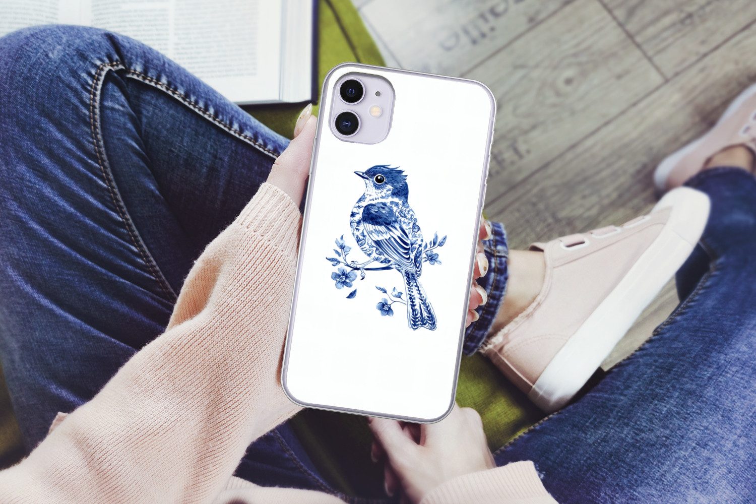 MuchoWow Handyhülle für Apple iPhone 11 Vogel - Delfter Blau - Illustration - Blumen, Smartphone-Bumper, Print, Handy Schutzhülle Dünn