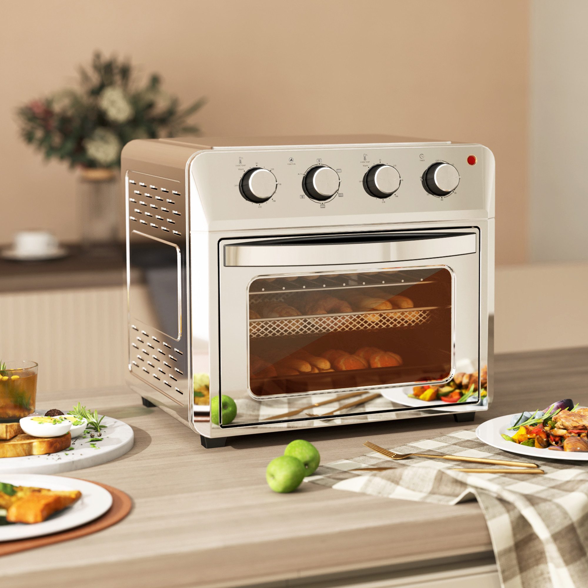 HOMCOM Minibackofen Backofen 10 L 750W 100-230℃ mit Backblech Pizza-Ofen, zum Grillen, Backen, Toasten, Silber