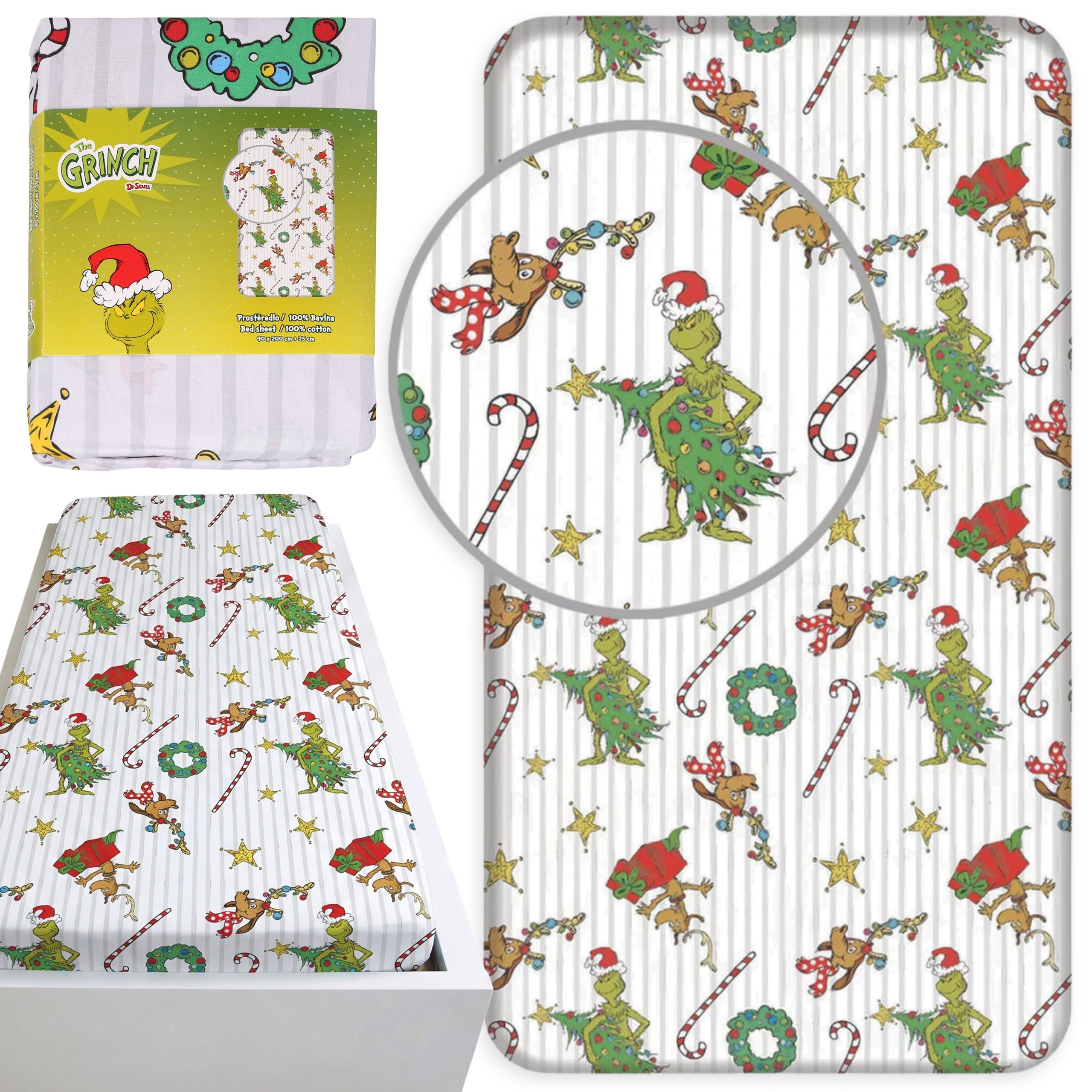 Sarcia.eu Spannbettlaken Grinch Weihnachts-Spannbettlaken Kinder, 100 % Baumwolle, 90x200+25 cm