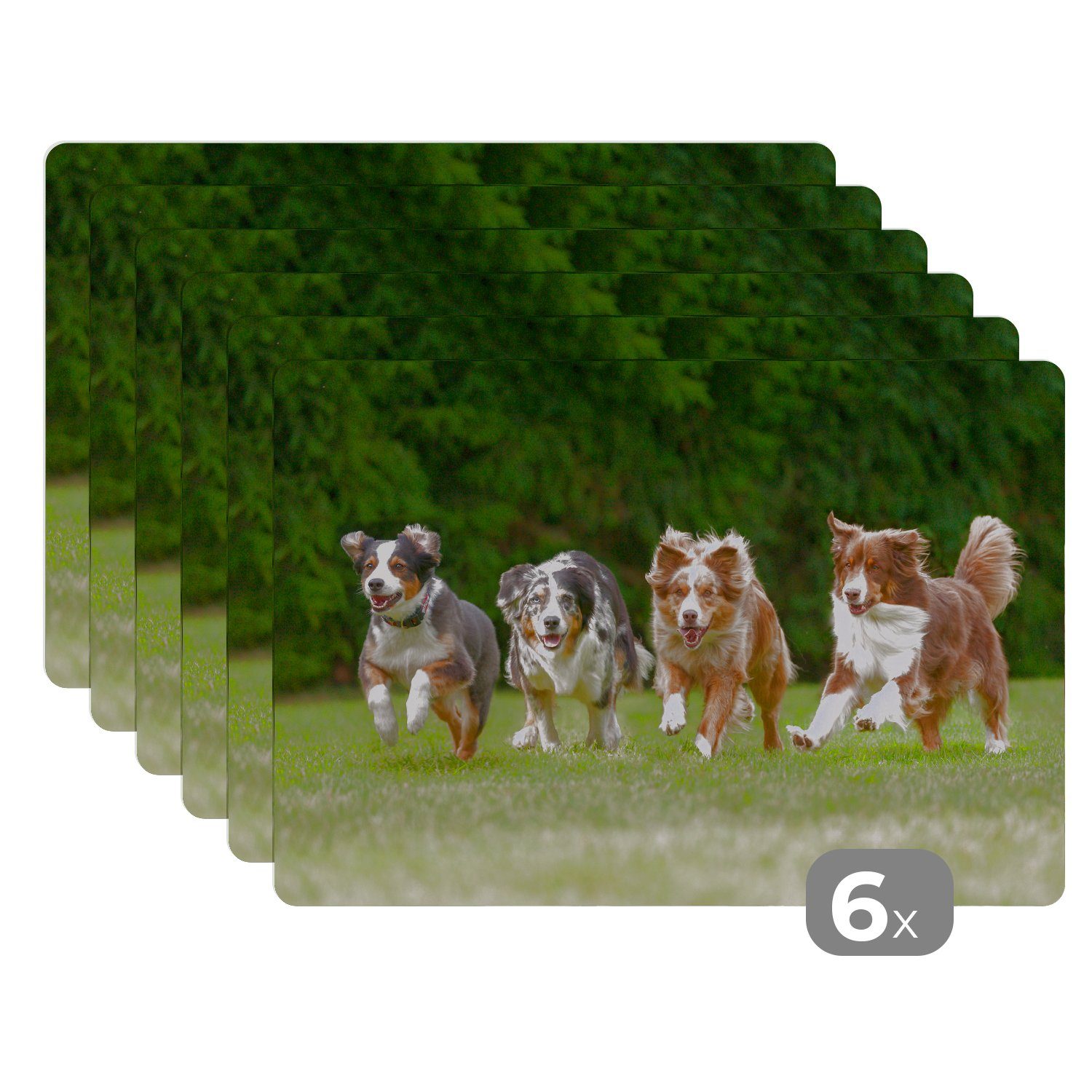 Platzset, 4 Hunde laufen in einer Reihe, MuchoWow, (6-St), Platzset, Platzdecken, Platzmatte, Tischmatten, Schmutzabweisend