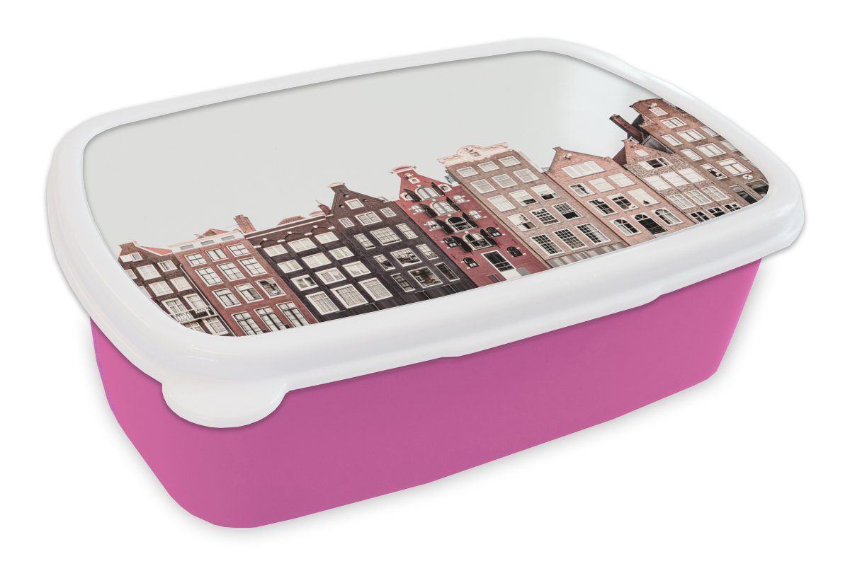 MuchoWow Lunchbox Amsterdam - Architektur - Häuser - Straße, Kunststoff, (2-tlg), Brotbox für Erwachsene, Brotdose Kinder, Snackbox, Mädchen, Kunststoff rosa