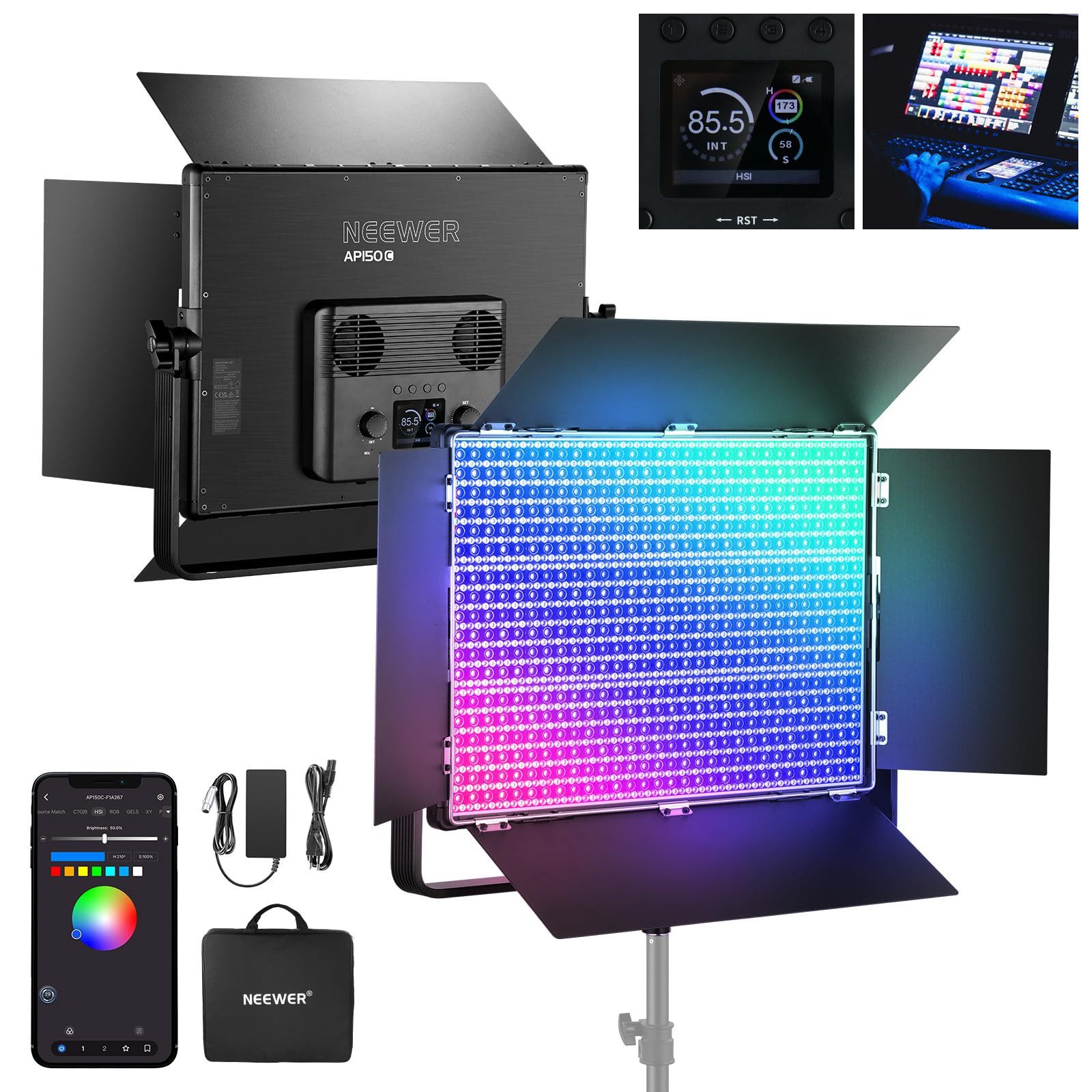 Neewer Videoleuchte AP150C 150W RGB LED Panel Videolicht Set mit Barn Doors, 1800 LEDs, Dimmable, APP/2,4 G/Panel/DMX Steuerung, für Profi Studiobeleuchtung
