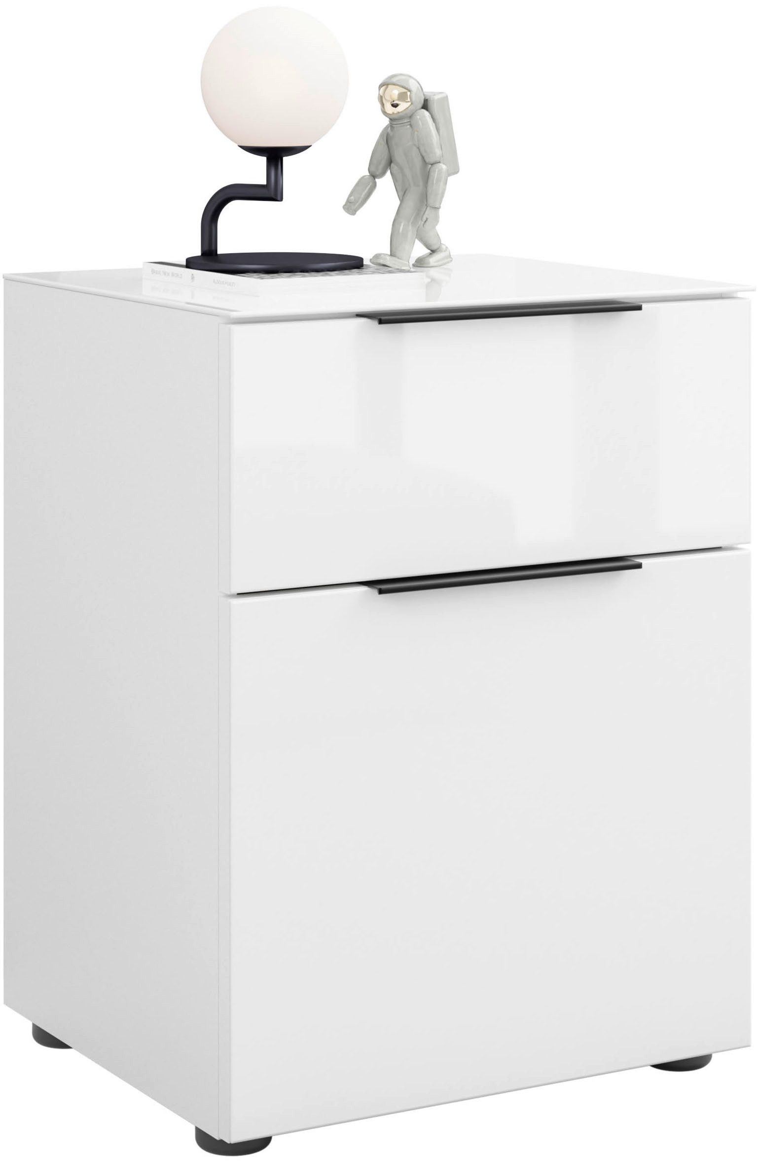 Manjana Möbel Nachtkommode mit Chrom oder Schwarz matten Metallgriffen, mit Glasfronten, melaminbeschichtete Oberfläche, mit Vollauszug