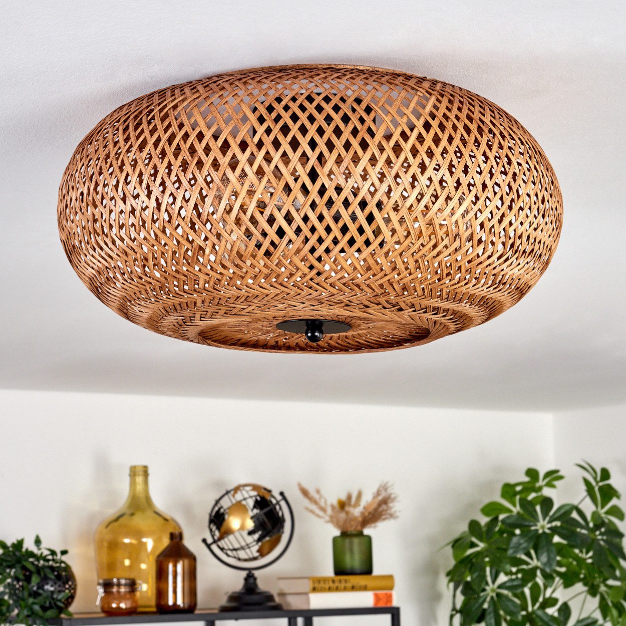 hofstein Deckenleuchte moderne Deckenlampe aus Metall/Bambus/Holz in Schwarz/Natur, ohne Leuchtmittel, Boho-Design Deckenleuchte,Lichteffekt, Ø40cm, 3xE27, ohne Leuchtmittel