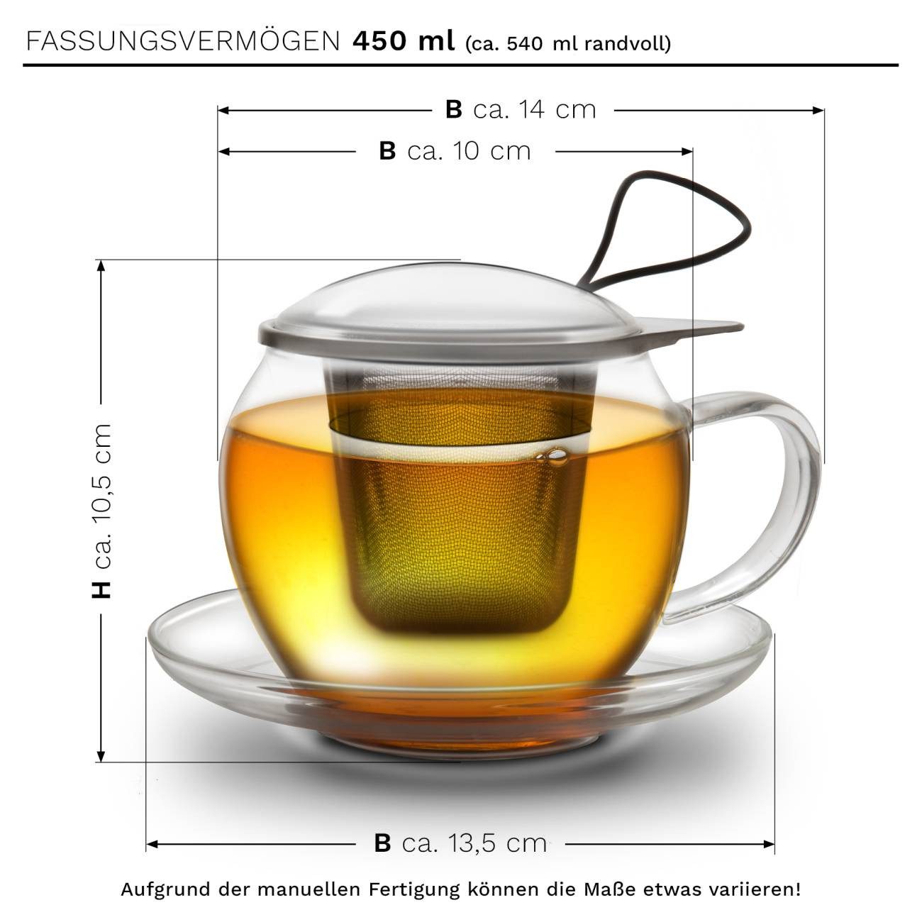 Creano Teeglas 2er Set JUMBO Tee-Tasse XXL, Henkel, Sieb, Deckel, Untertasse, 450ml, Borosilikatglas, 2 Tassen mit Untertassen