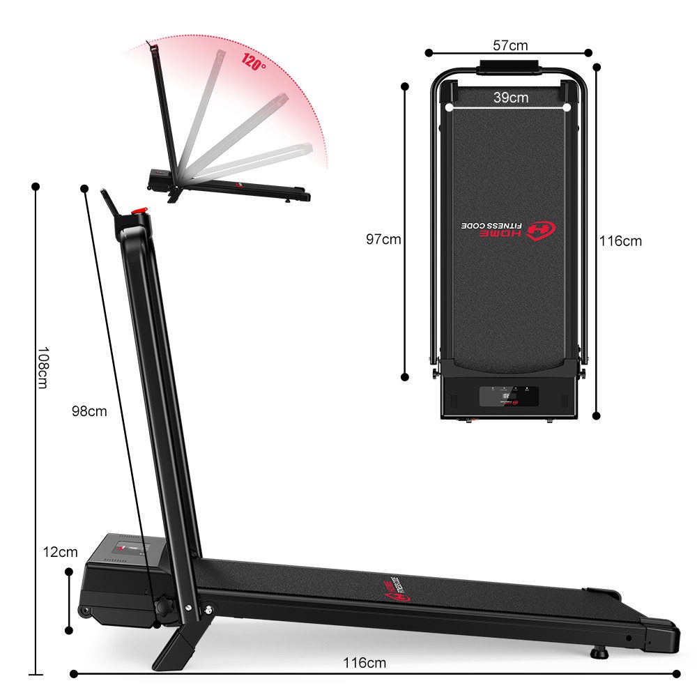HOMEFITNESSCODE Laufband Klappbares Laufbänder mit 5 % Steigung – 4-in-1-Elektrolaufband (mit Armlehnen und LED-Display), Geschwindigkeit von 1 bis 10 km/h einstellbar – Motor 2,5 PS