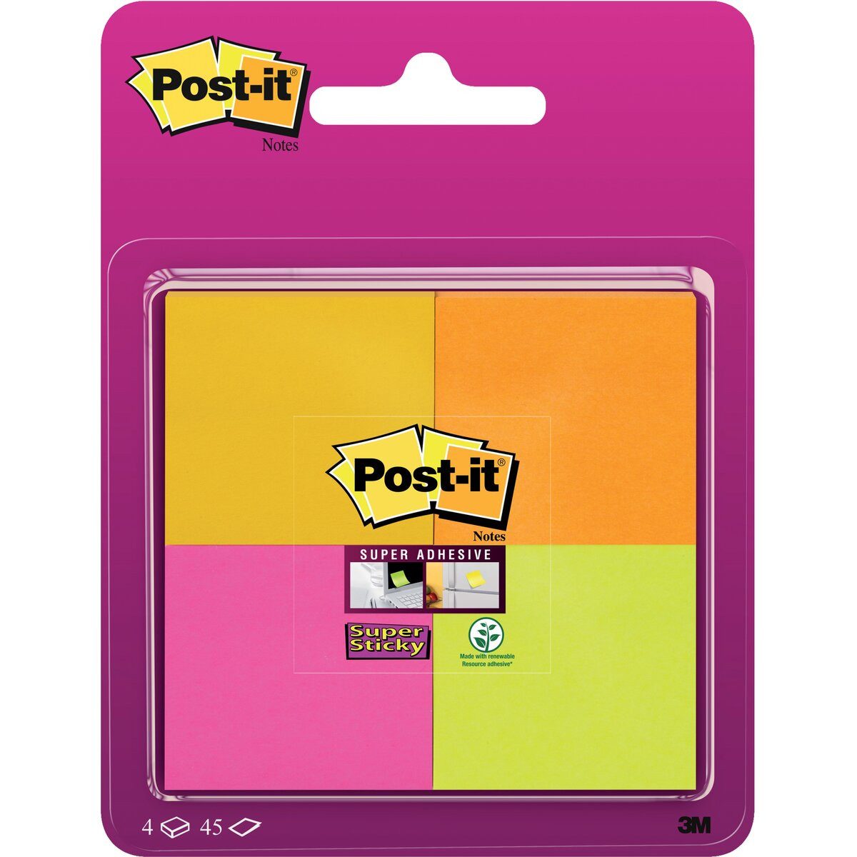 Post-it Notes Haftnotizblock Haftnotiz Super Sticky Notes 48x48mm 45 Blatt ultragelb, ultrapink, ne