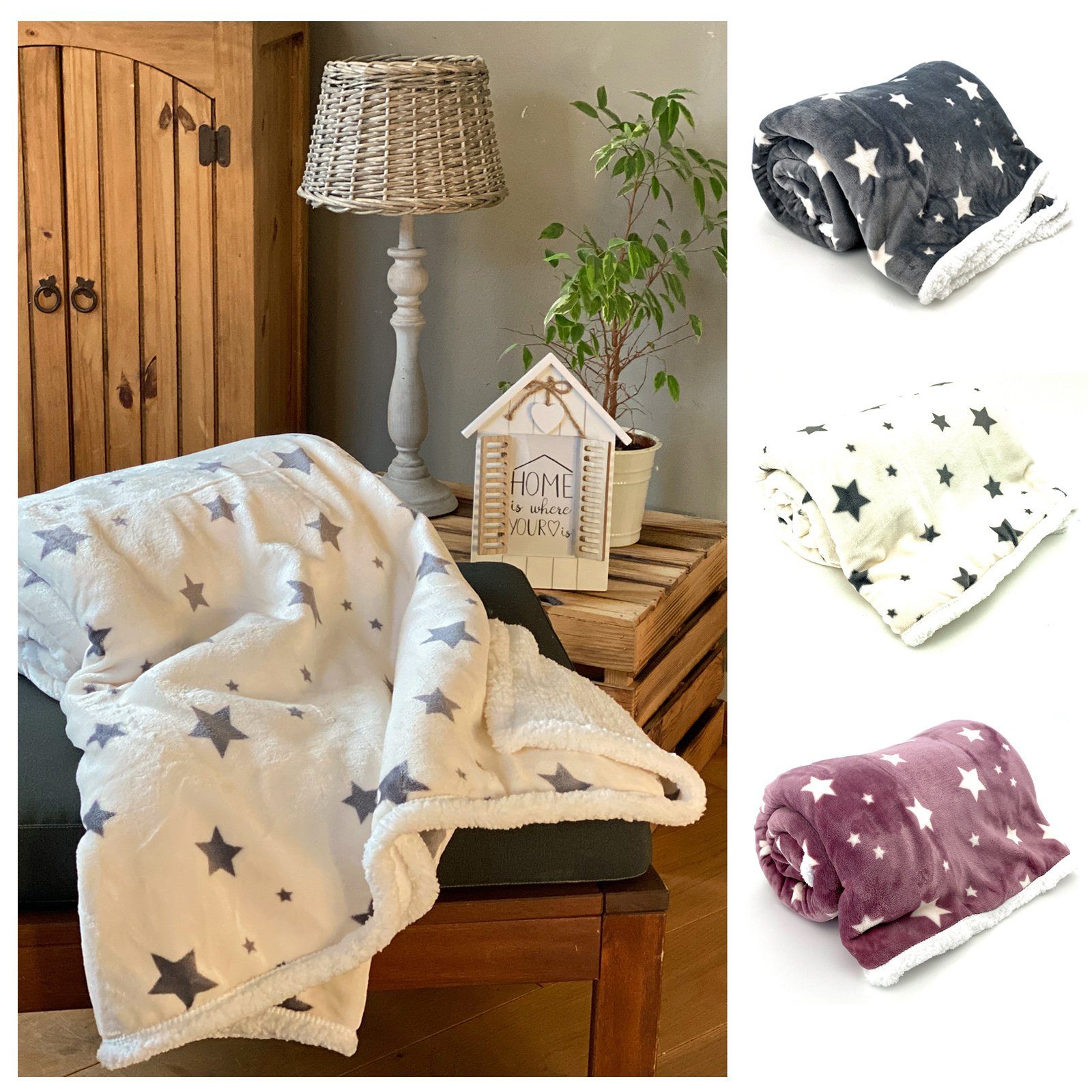 Wohndecke Soft Flanell Sterne Kuscheldecke mit Sherpa Fell, heimtexland, So günstig online kaufen